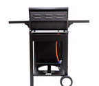 LPGSA approved 2 burner compact barbecue grill with stainless steel surface and adjustable heat controls.