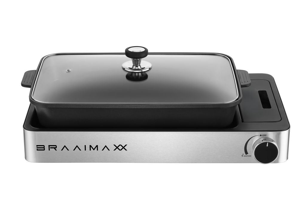 My Store portable frying pan with a black handle and cooking surface, designed for outdoor use and LPGSA approved.