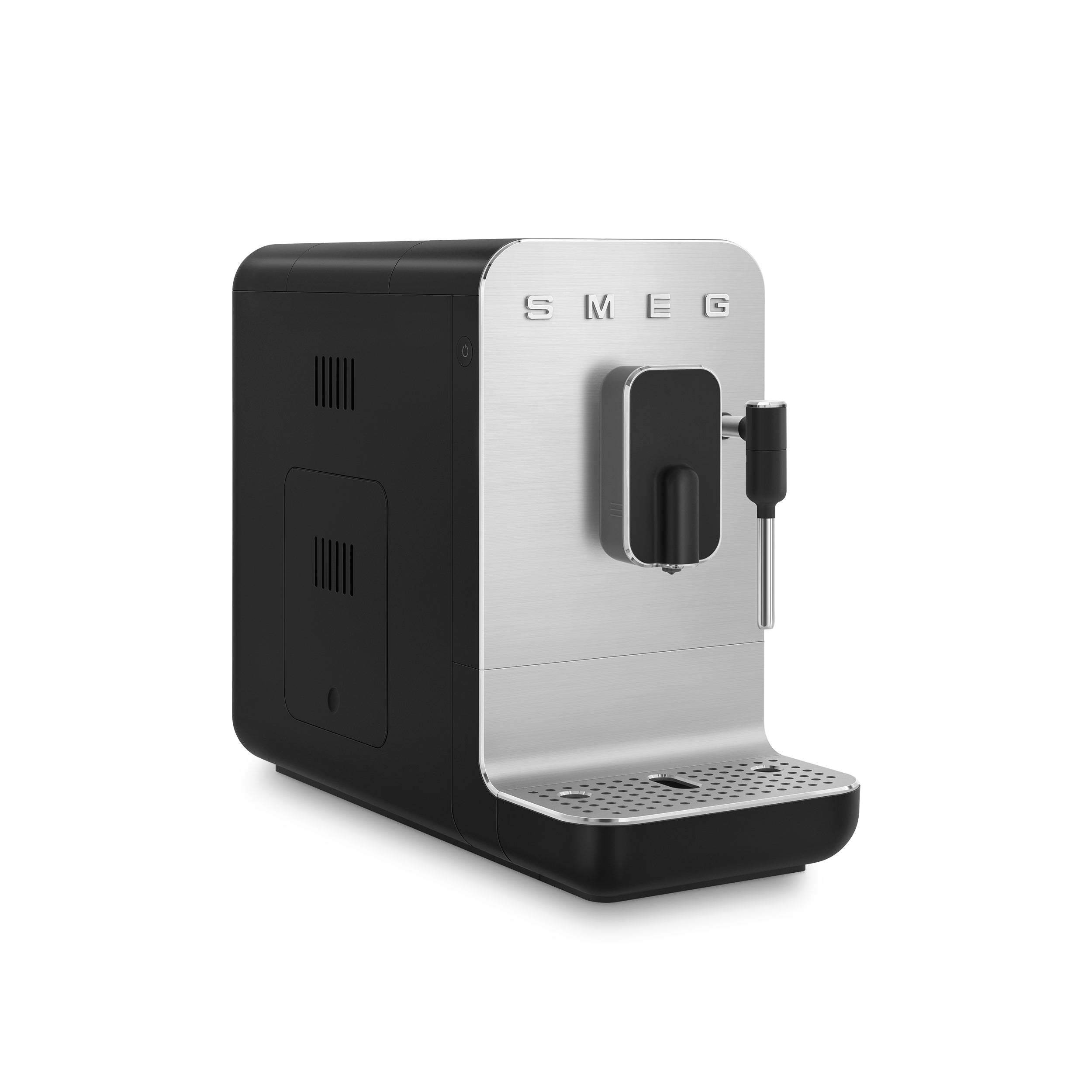 Smeg Bean-to-Cup Espresso Machine in black with stainless steel accents, featuring a sleek design and built-in coffee grinder.