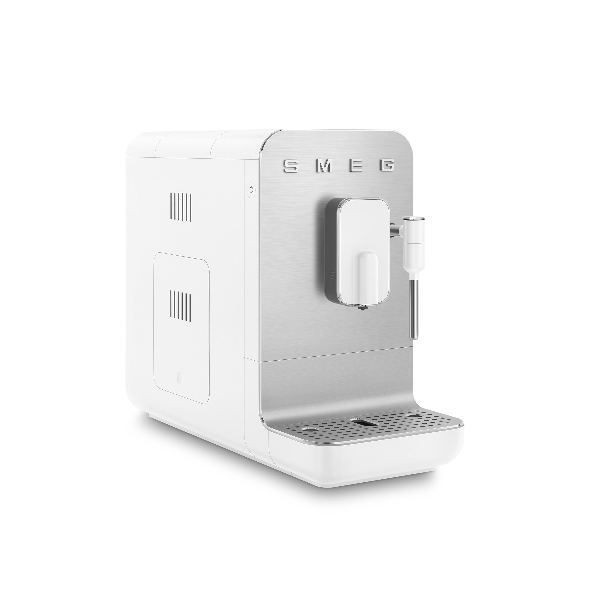 Smeg Bean-to-Cup Espresso Machine in white with digital display, stainless steel accents, and coffee brewing features.