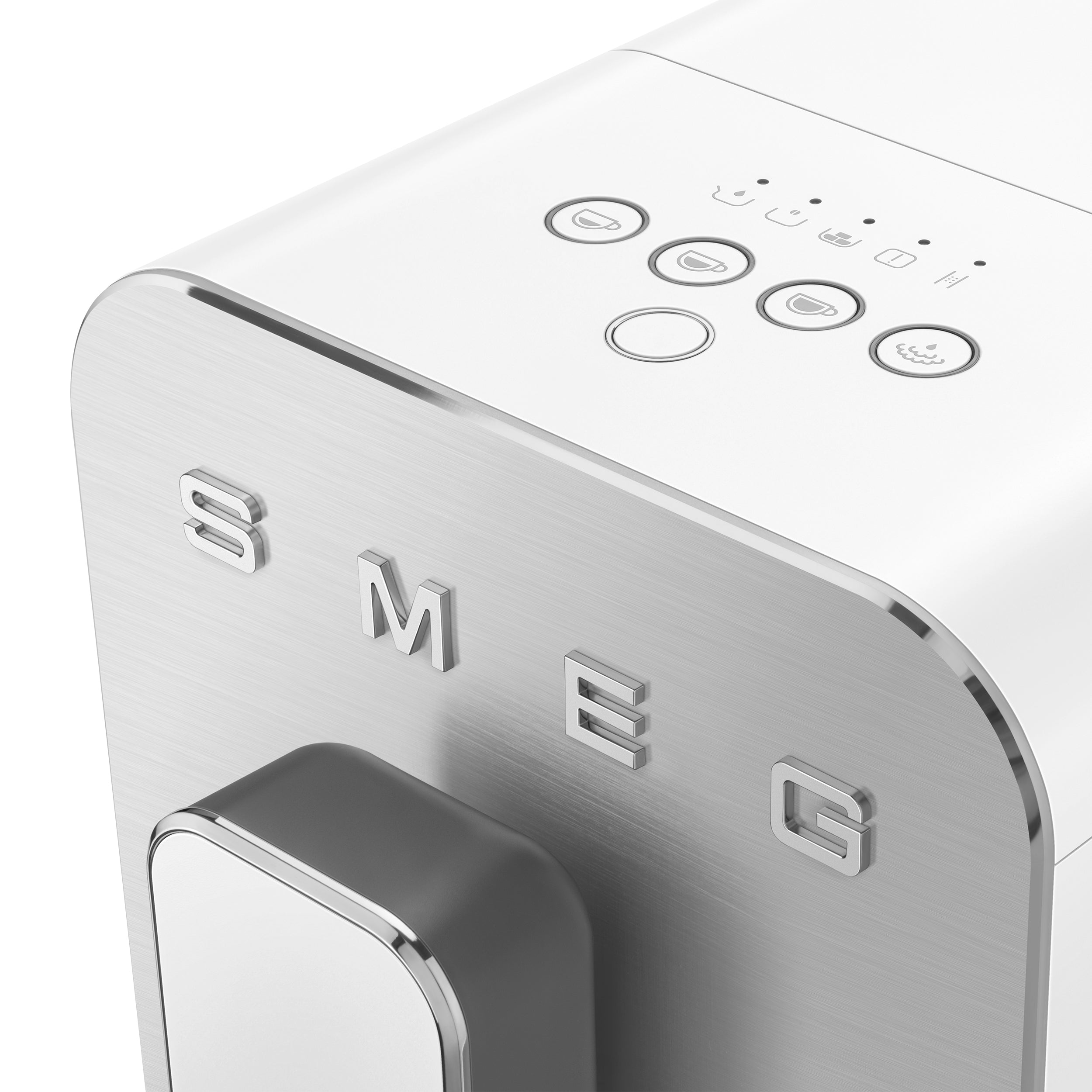 Smeg Bean-to-Cup Espresso Machine by The Gas Boys with white finish, brewing coffee with digital controls and sleek design.