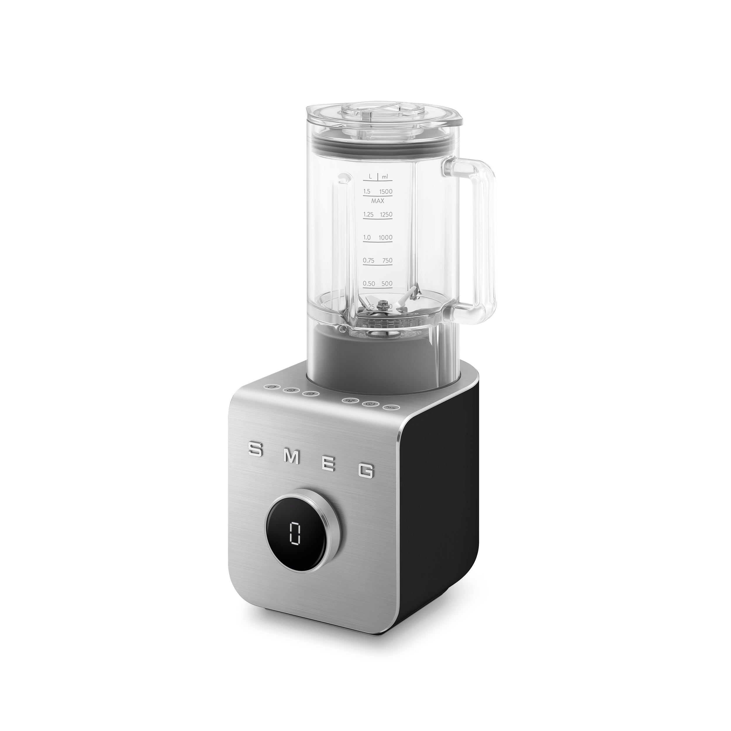 Smeg High-Performance Blender in black with a clear glass jar and stainless steel blades, on a kitchen countertop.
