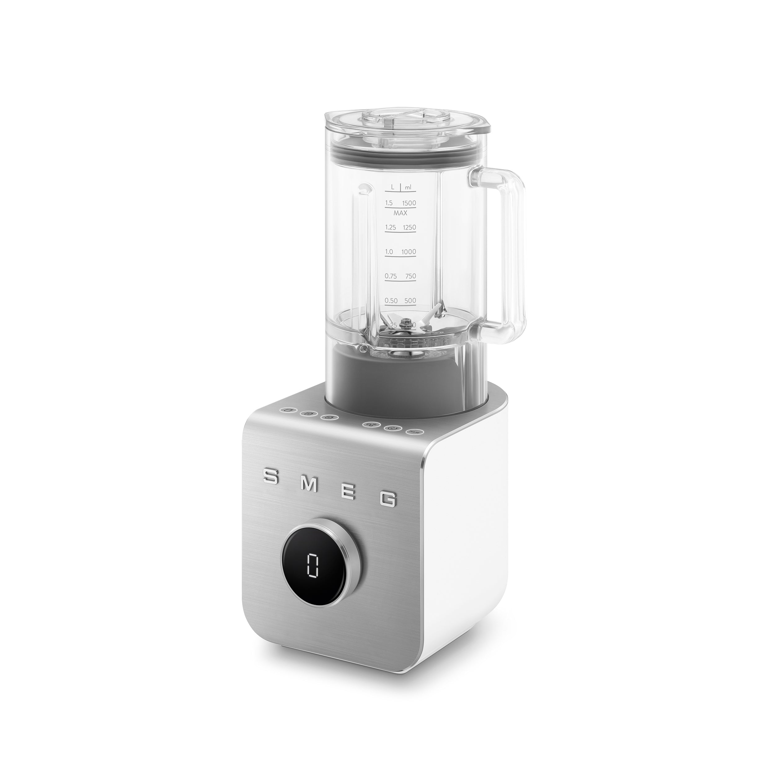 White Smeg High-Performance Blender with glass jar and control dial, designed for smooth blending and modern kitchen use.