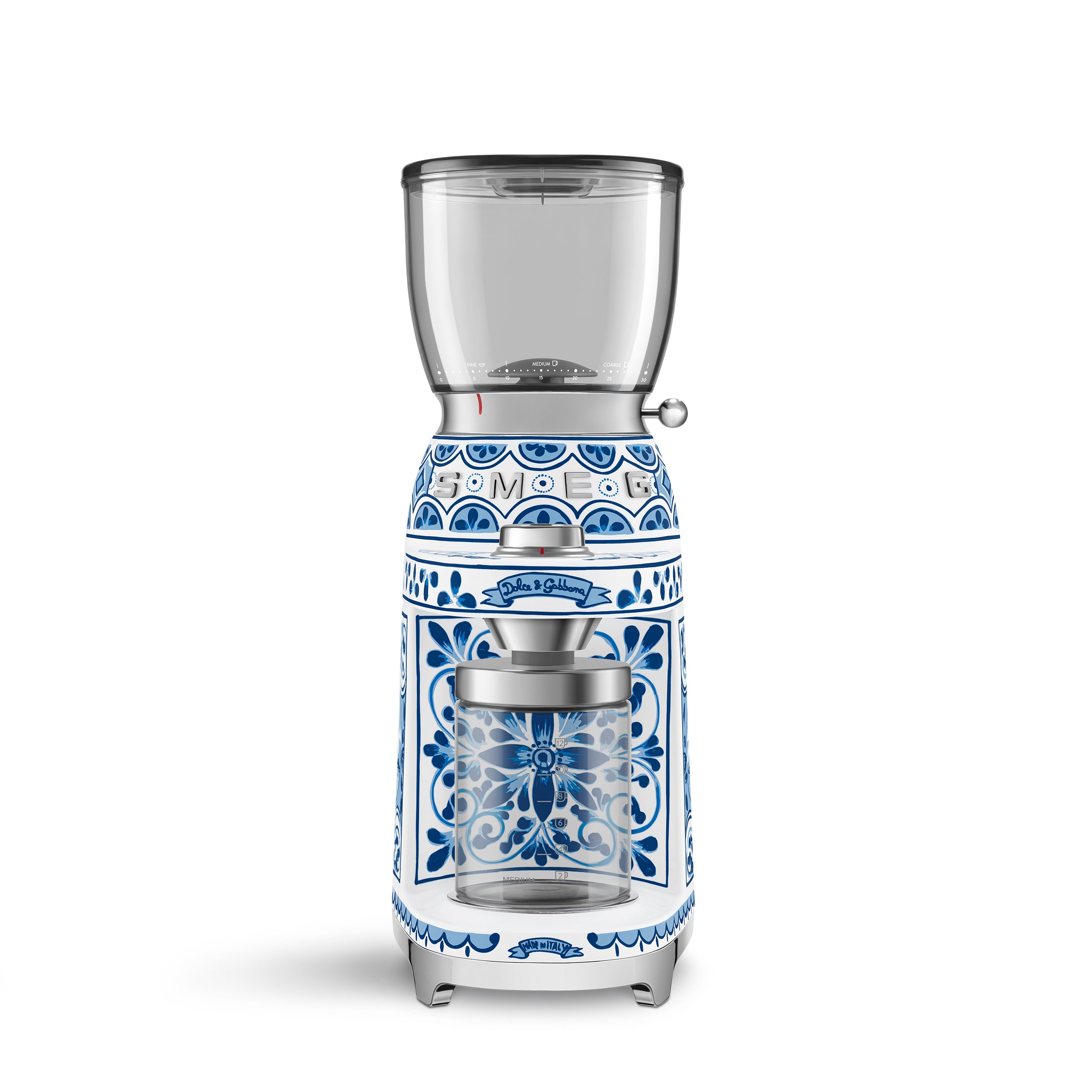 Smeg Dolce & Gabbana Blu Mediterraneo coffee grinder with black finish and silver accents, showing a sleek modern design.