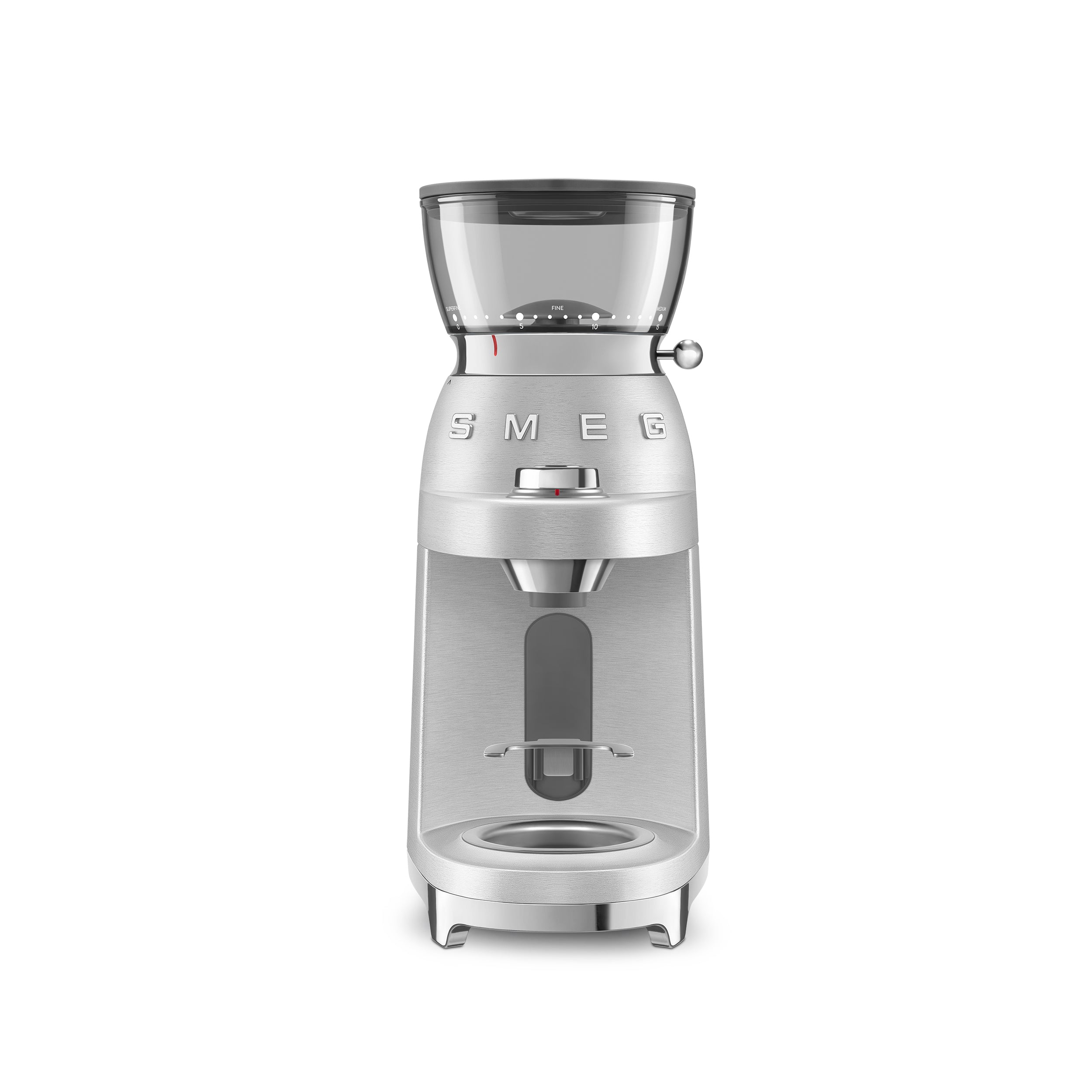 Smeg Semi-Professional Coffee Grinder with stainless steel body and black coffee beans visible in the hopper.