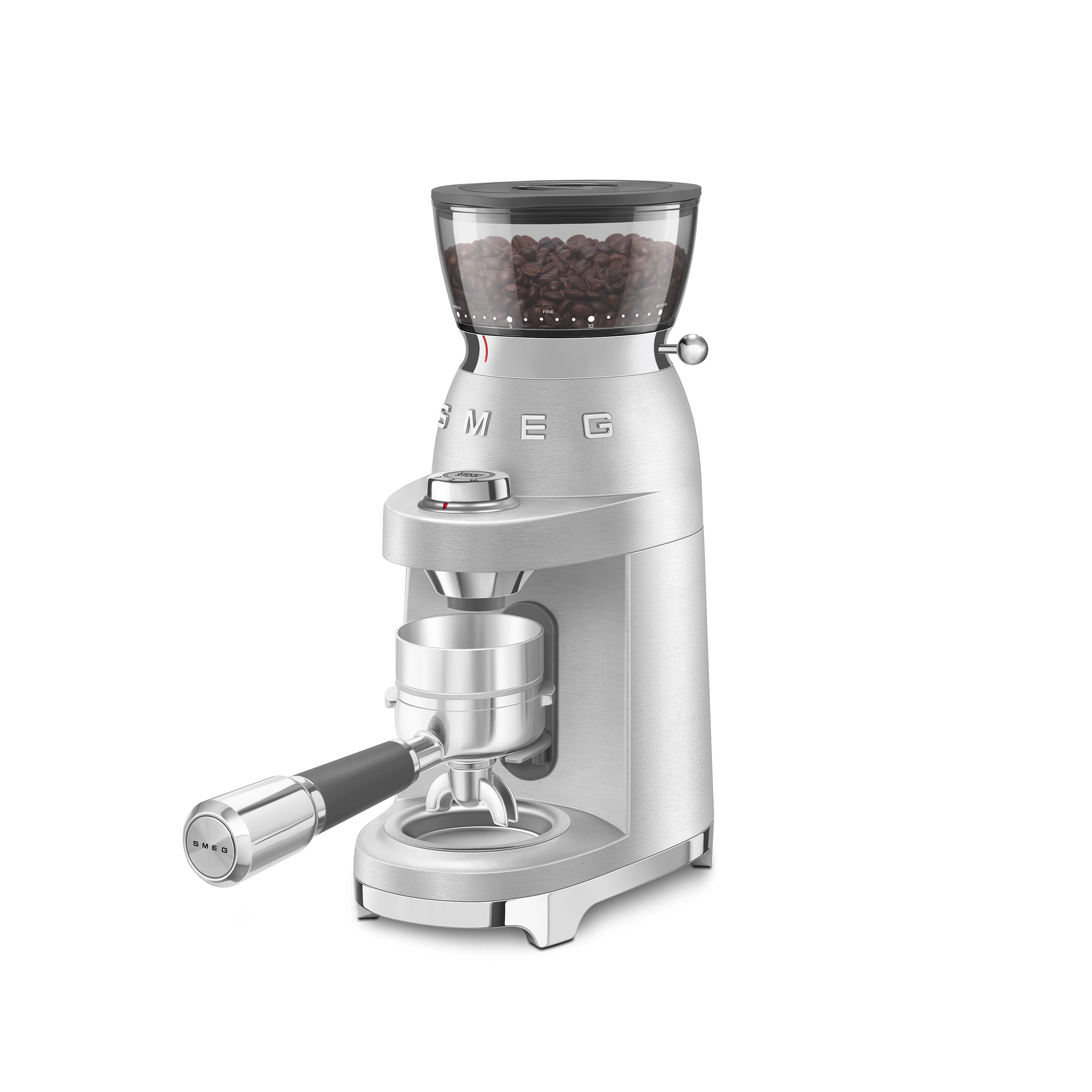 Smeg Semi-Professional Coffee Grinder by The Gas Boys, silver finish, stainless steel body, with hopper and grinding mechanism visible.