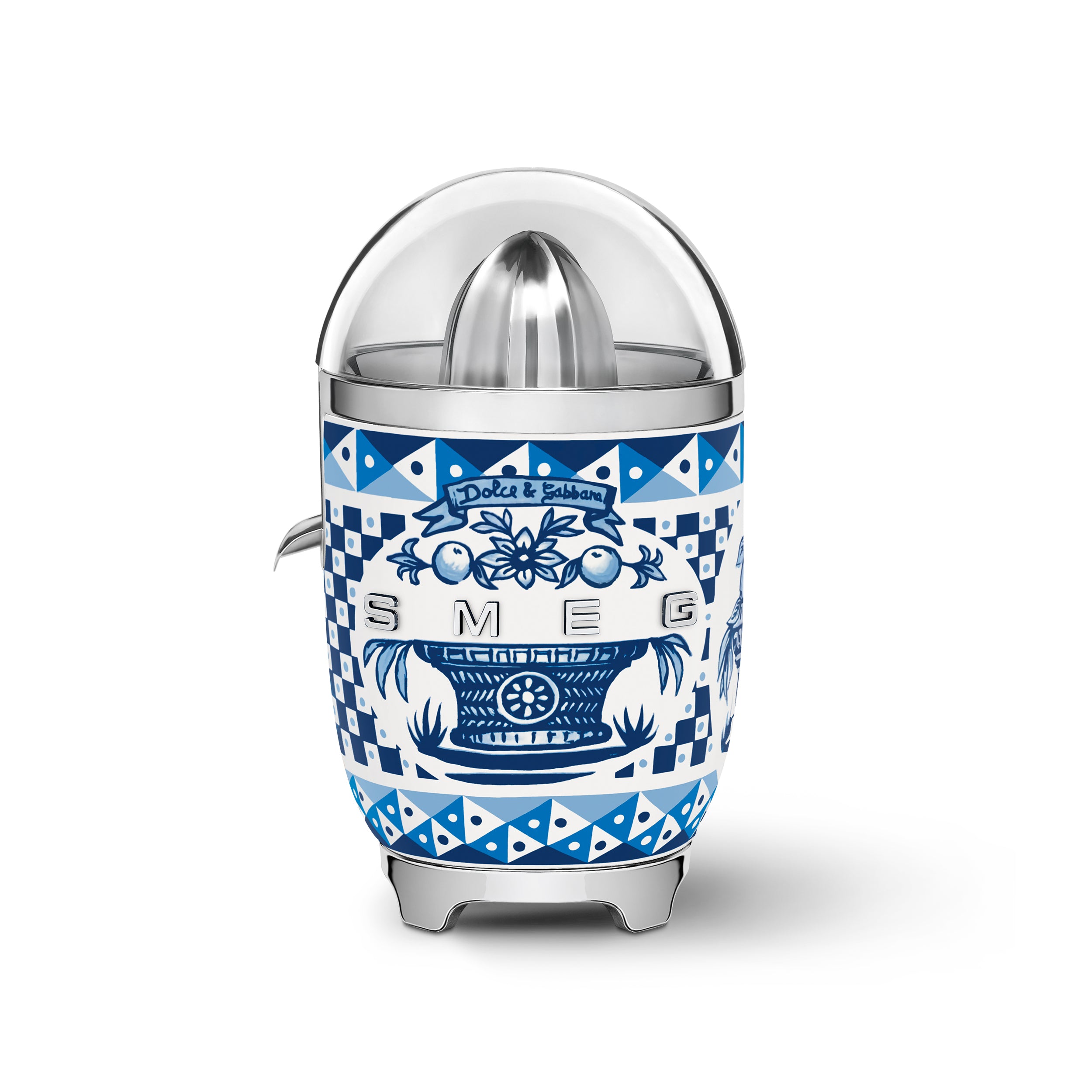 Smeg Dolce & Gabbana Blu Mediterraneo citrus juicer with sleek blue finish and modern design, perfect for fresh juice preparation