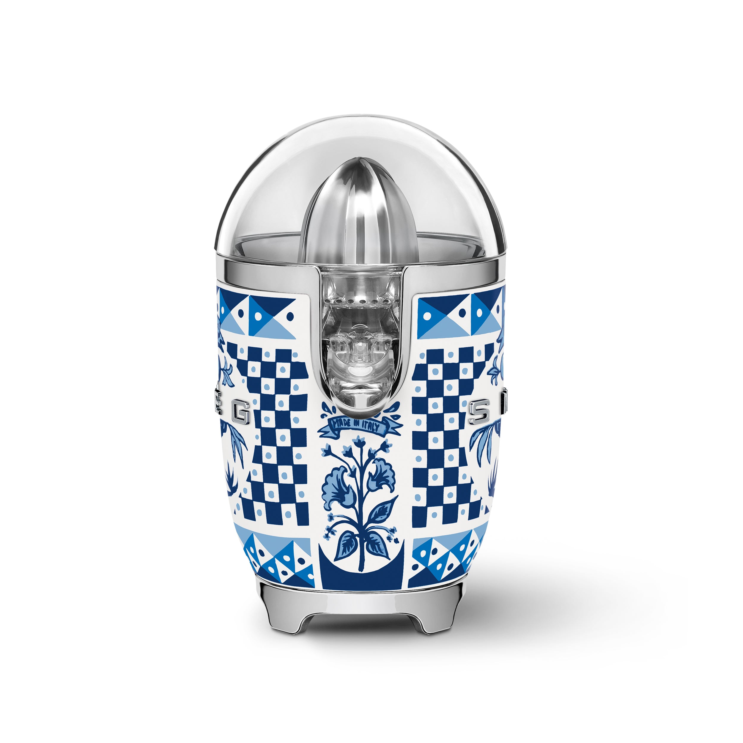 Smeg Dolce & Gabbana Blu Mediterraneo citrus juicer with a sleek silver design and blue Mediterranean pattern