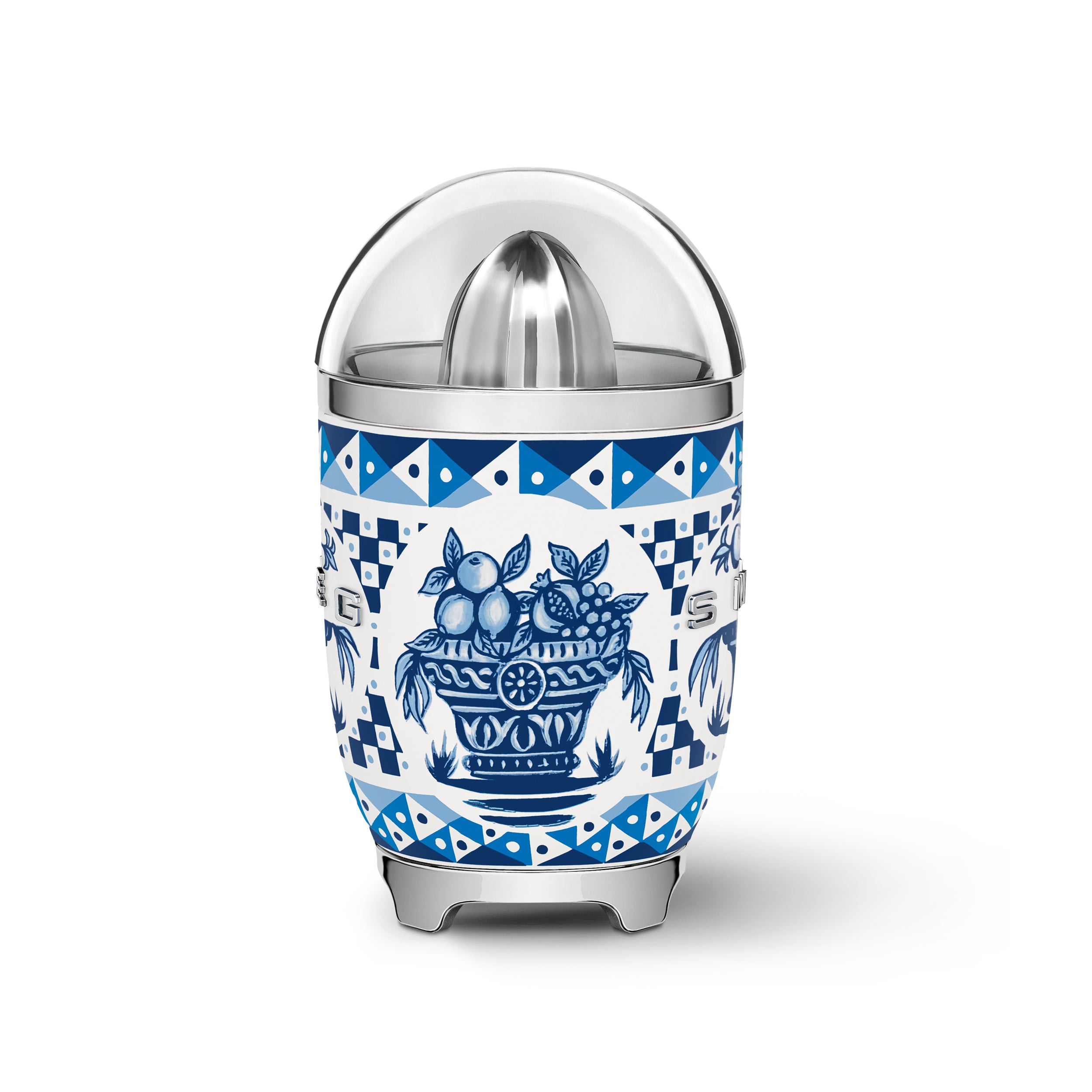 Smeg Dolce & Gabbana Blu Mediterraneo citrus juicer with blue and silver finish, featuring a compact design and textured surface.