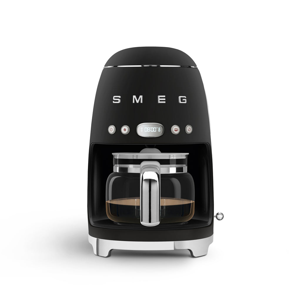 Matt Edition Filter Coffee Machine by The Gas Boys, sleek black Smeg DCF02BLM with modern design and digital controls.