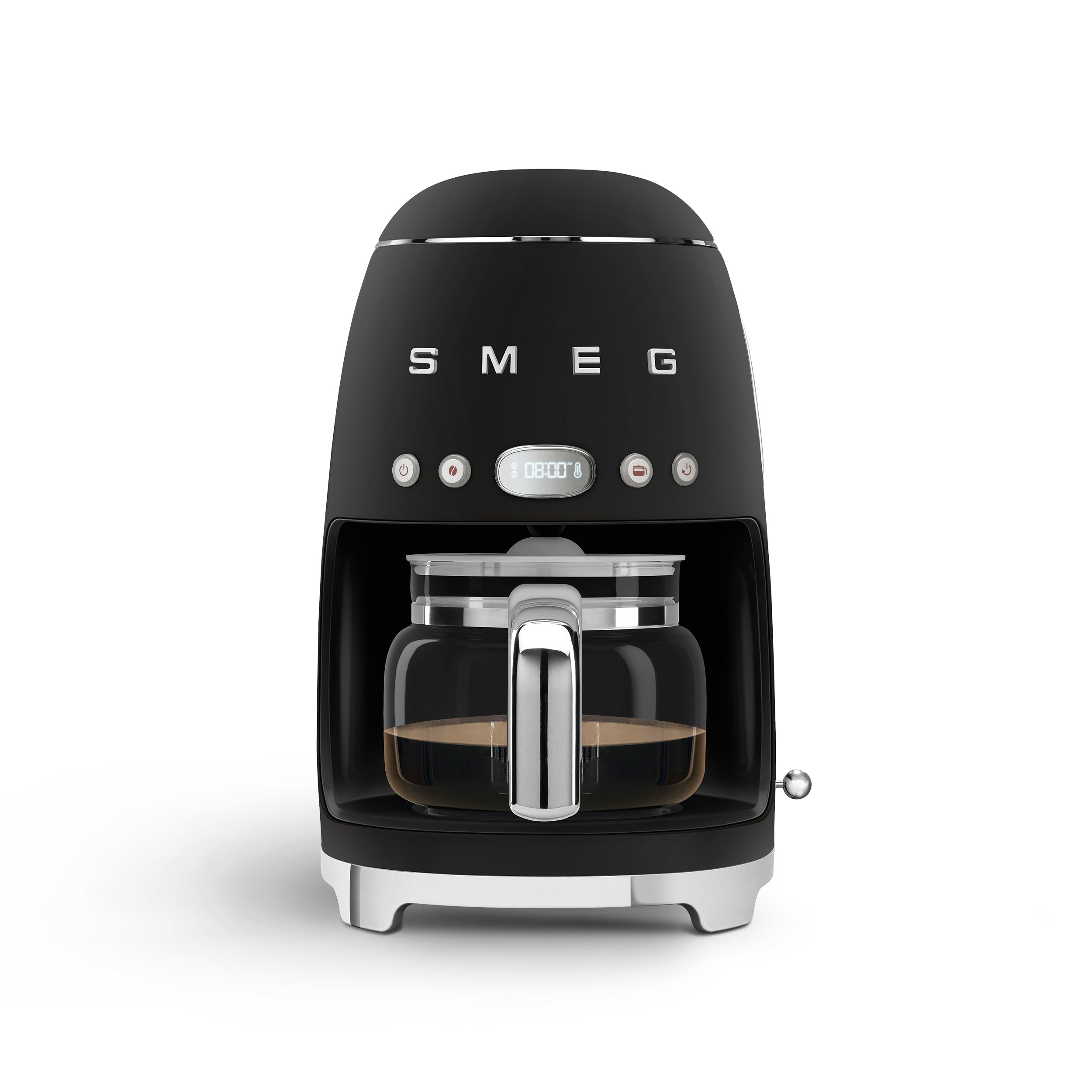 Matt Edition Filter Coffee Machine by The Gas Boys, sleek black Smeg DCF02BLM with modern design and digital controls.