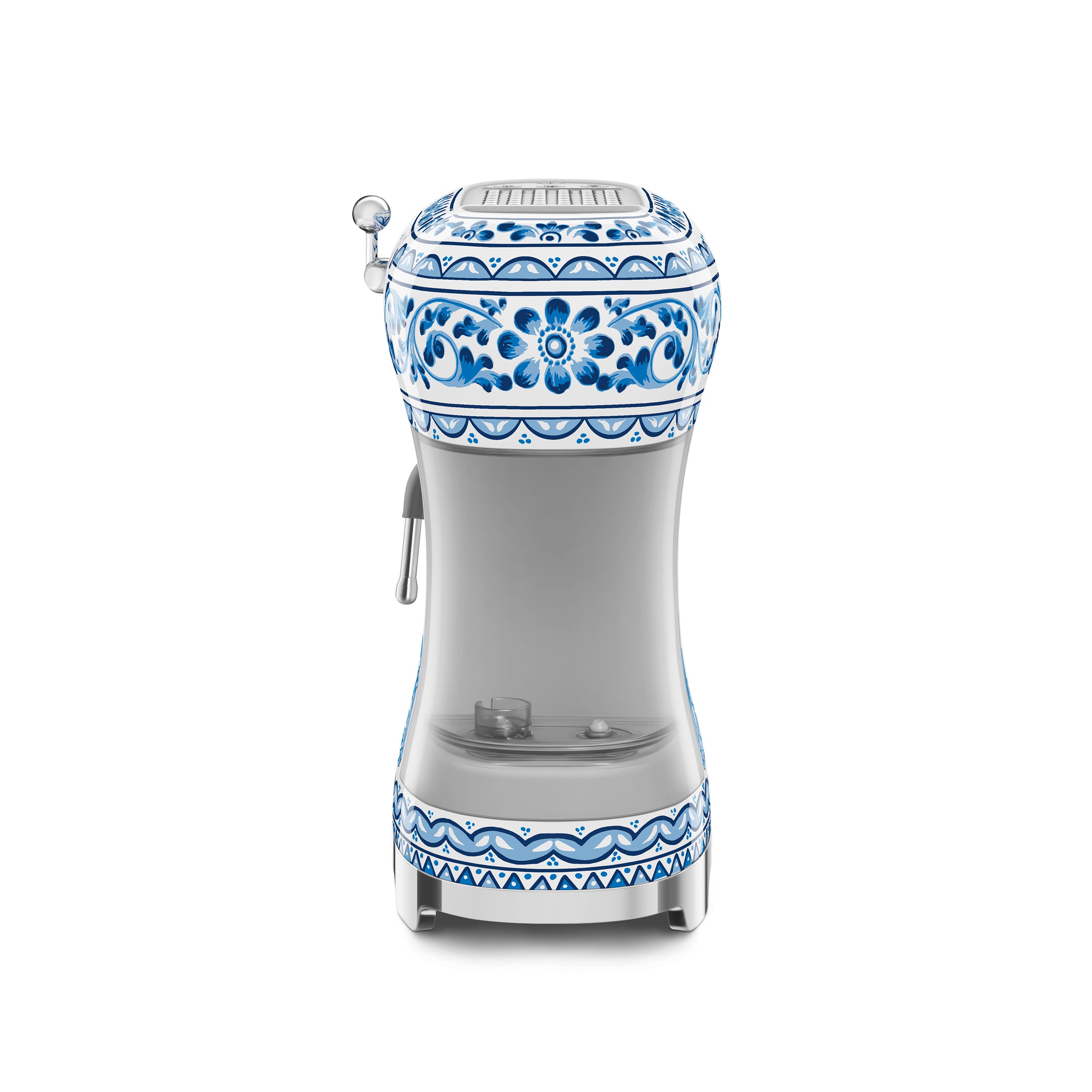 Smeg Dolce & Gabbana Blu Mediterraneo espresso coffee machine with sleek design and stainless steel finish.
