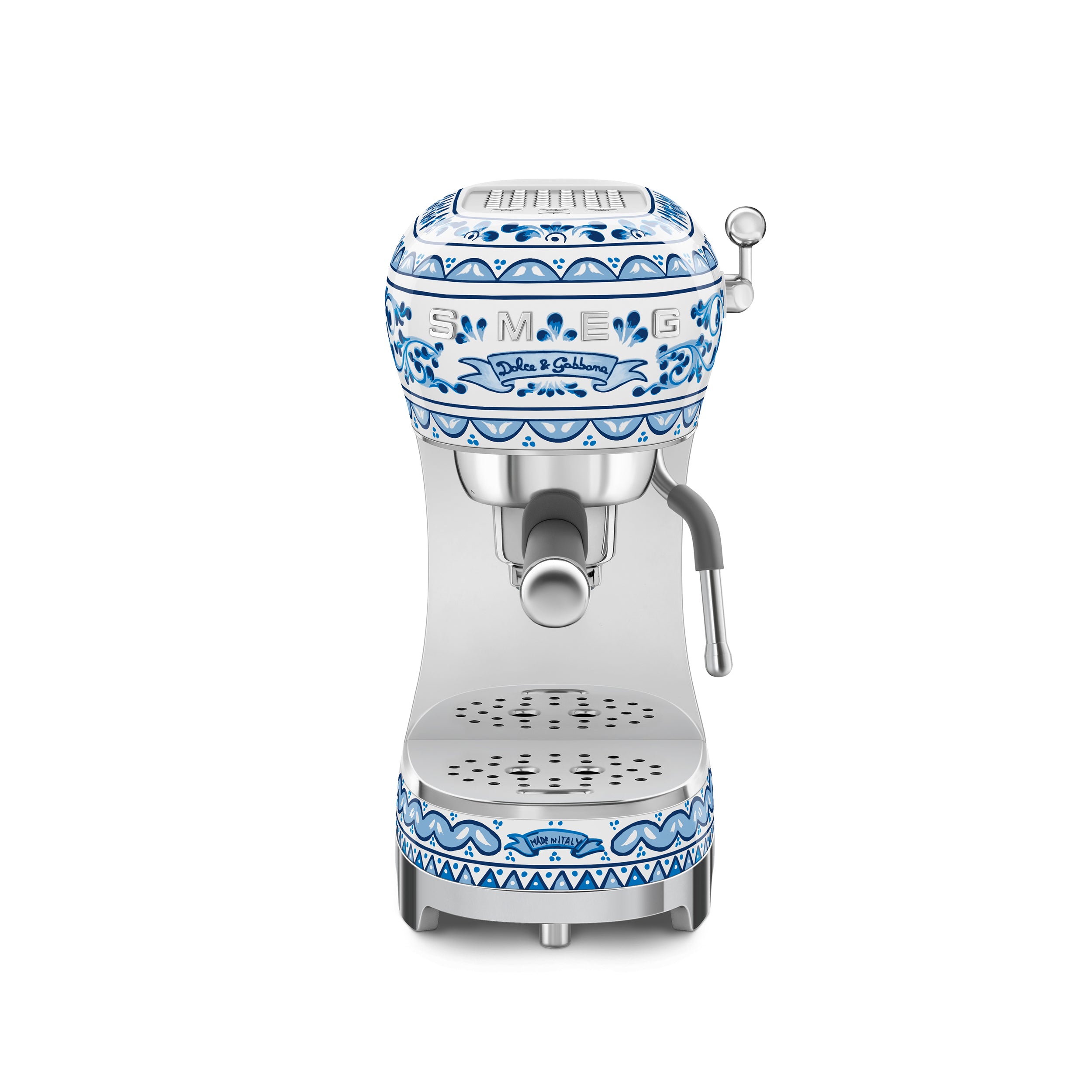Smeg Dolce & Gabbana Blu Mediterraneo espresso coffee machine with sleek design and stainless steel finish.