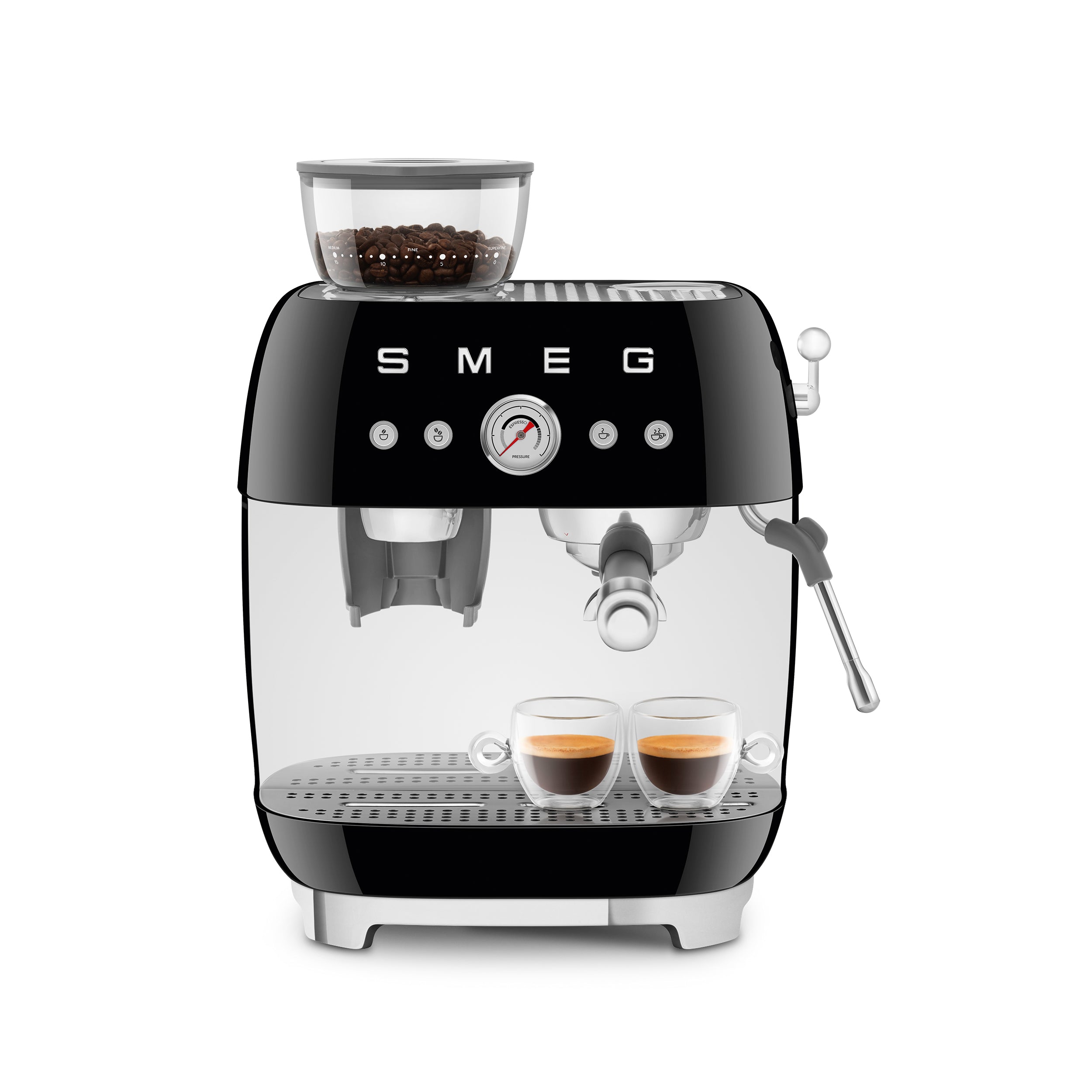 Smeg All-in-One Espresso Coffee Machine in black with stainless steel accents, featuring a compact design and digital control panel.