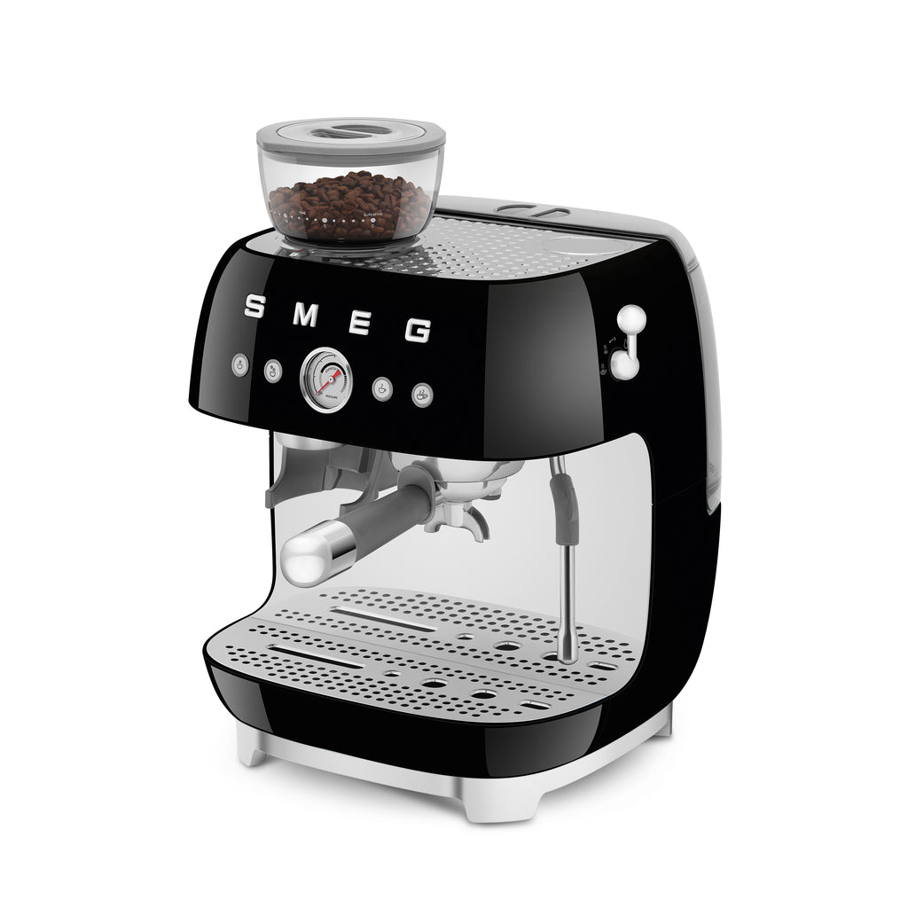 Smeg All-in-One Espresso Coffee Machine in black with steam wand and digital display, ideal for brewing espresso and coffee drinks.