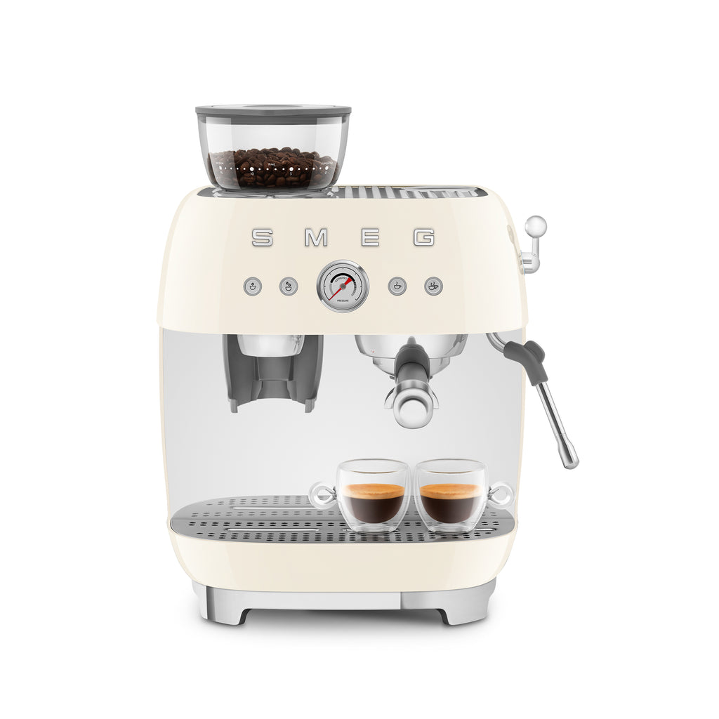 Smeg All-in-One Espresso Coffee Machine in red with stainless steel accents, featuring a compact design and digital control panel.