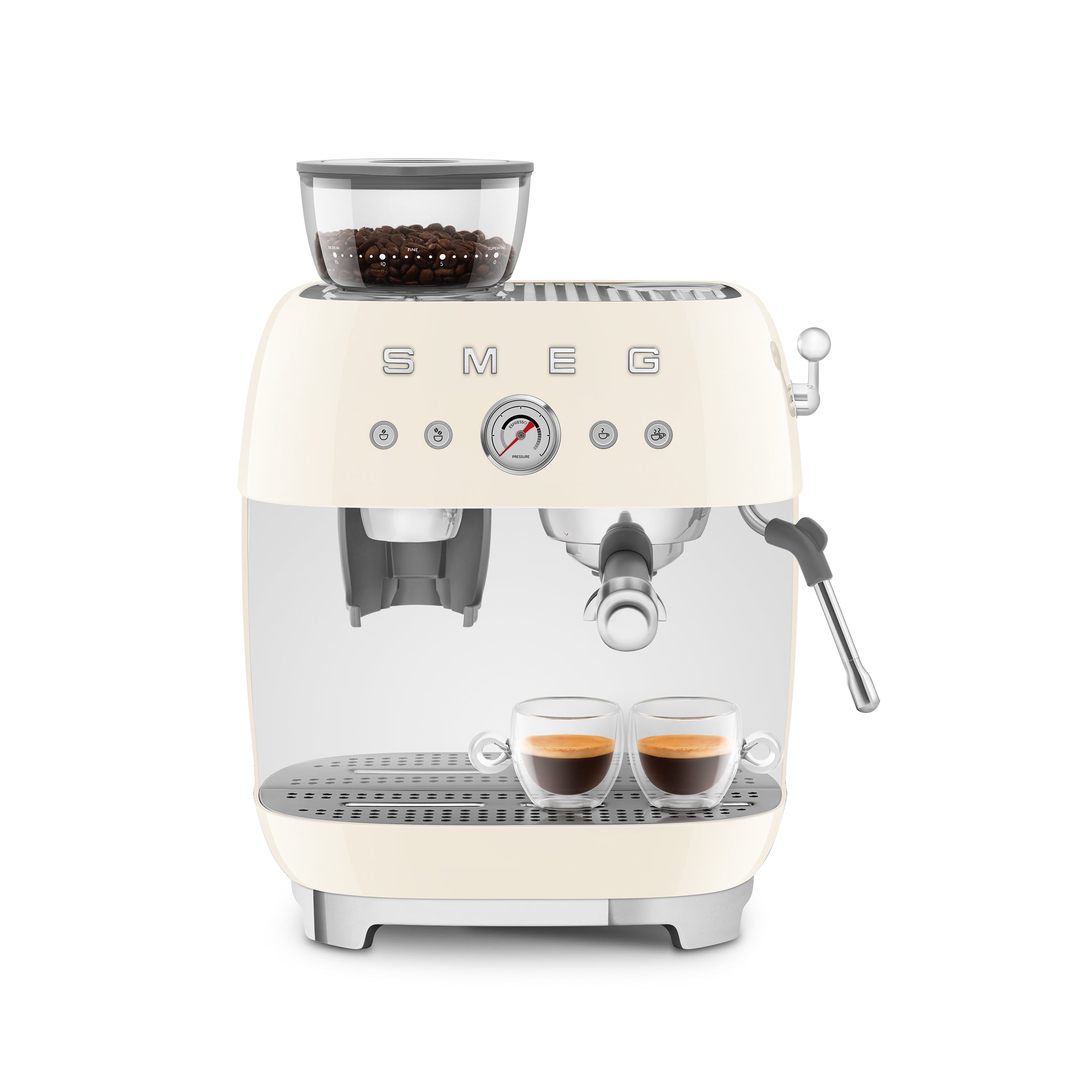 Smeg All-in-One Espresso Coffee Machine in red with stainless steel accents, featuring a compact design and digital control panel.