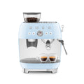 Smeg All-In-One Espresso Coffee Machine in black and stainless steel with digital controls and built-in steam wand.