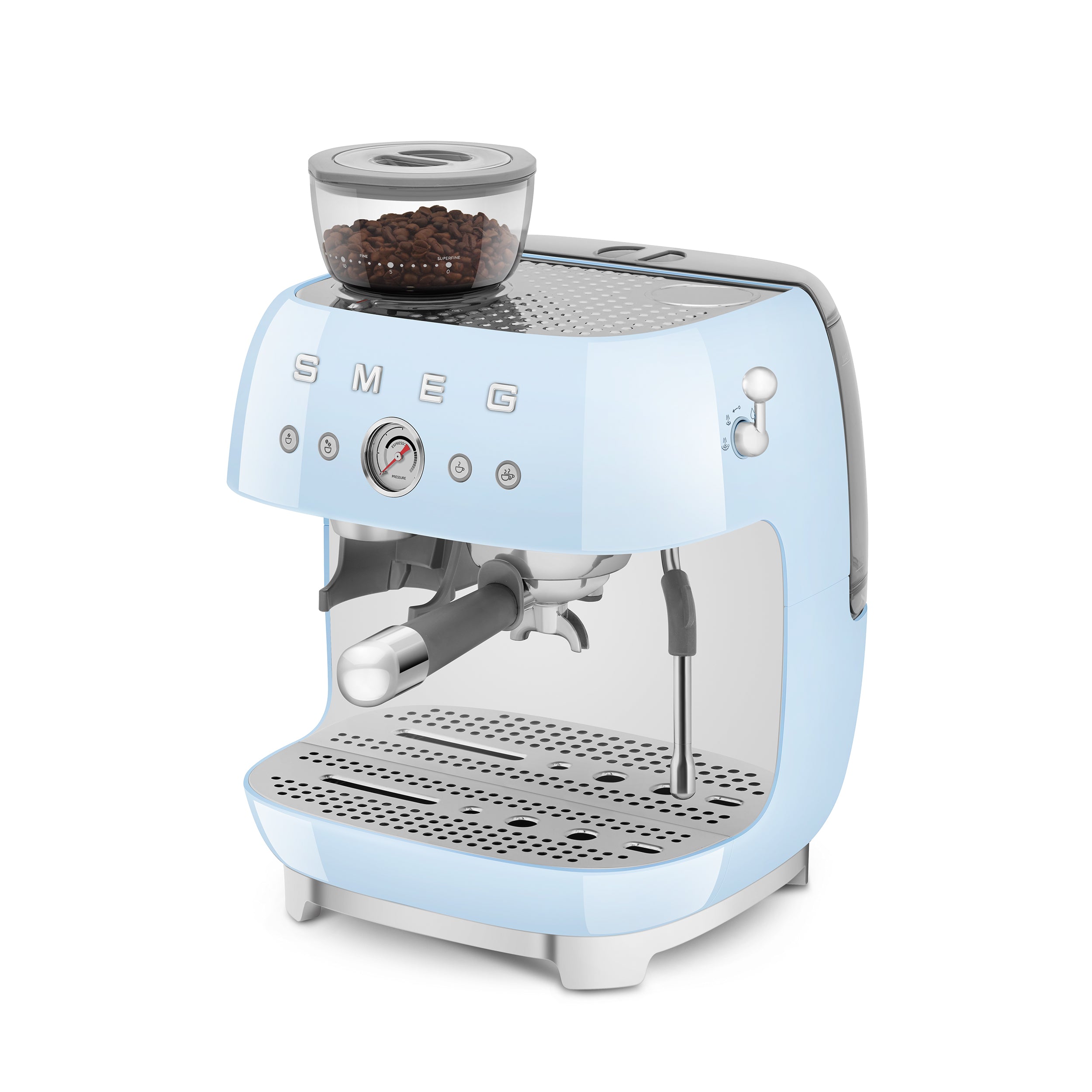 Smeg All-in-One Espresso Coffee Machine in black with digital display and brewing controls, compact kitchen appliance.