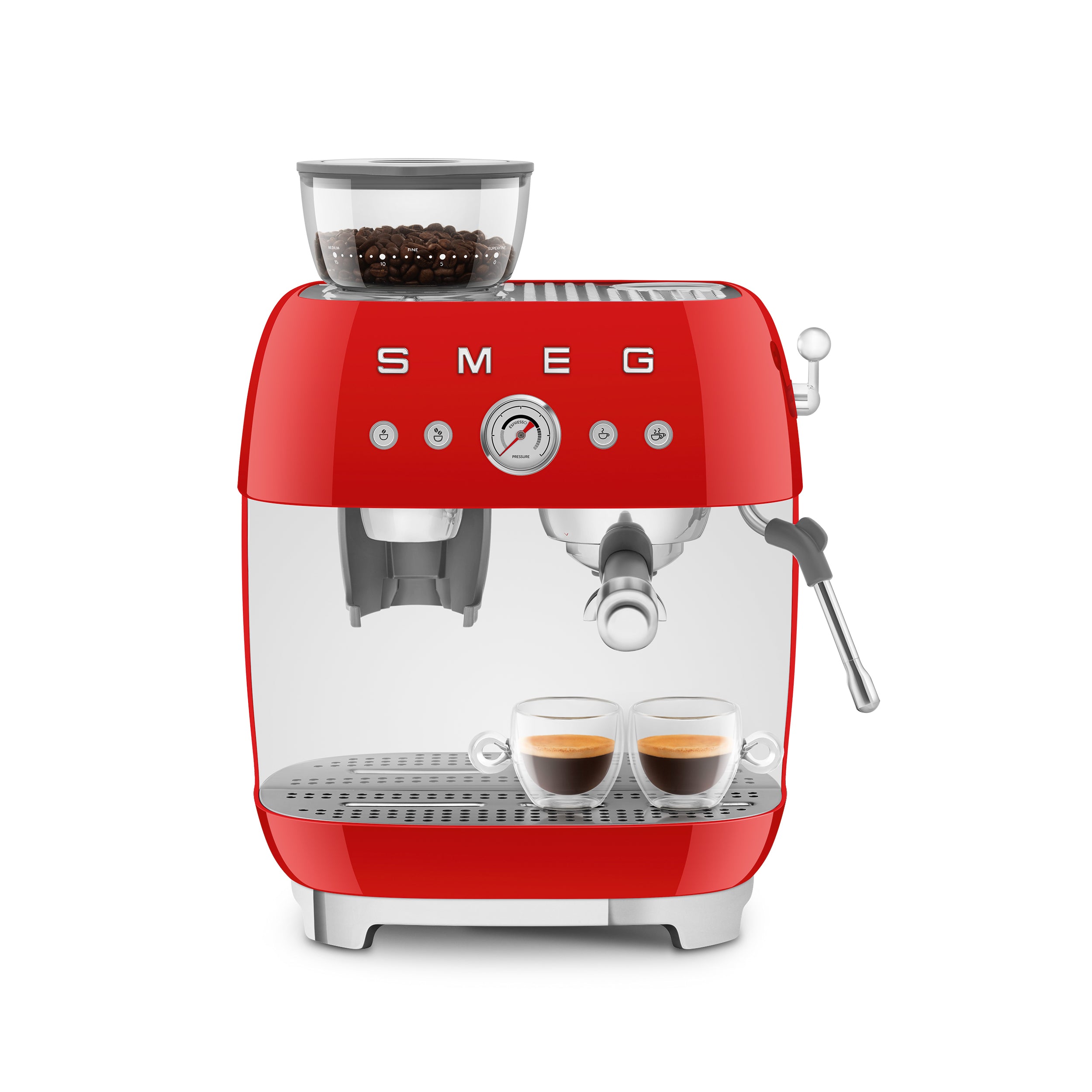 All-in-one Smeg espresso coffee machine in red with steam wand and digital display, perfect for brewing coffee at home