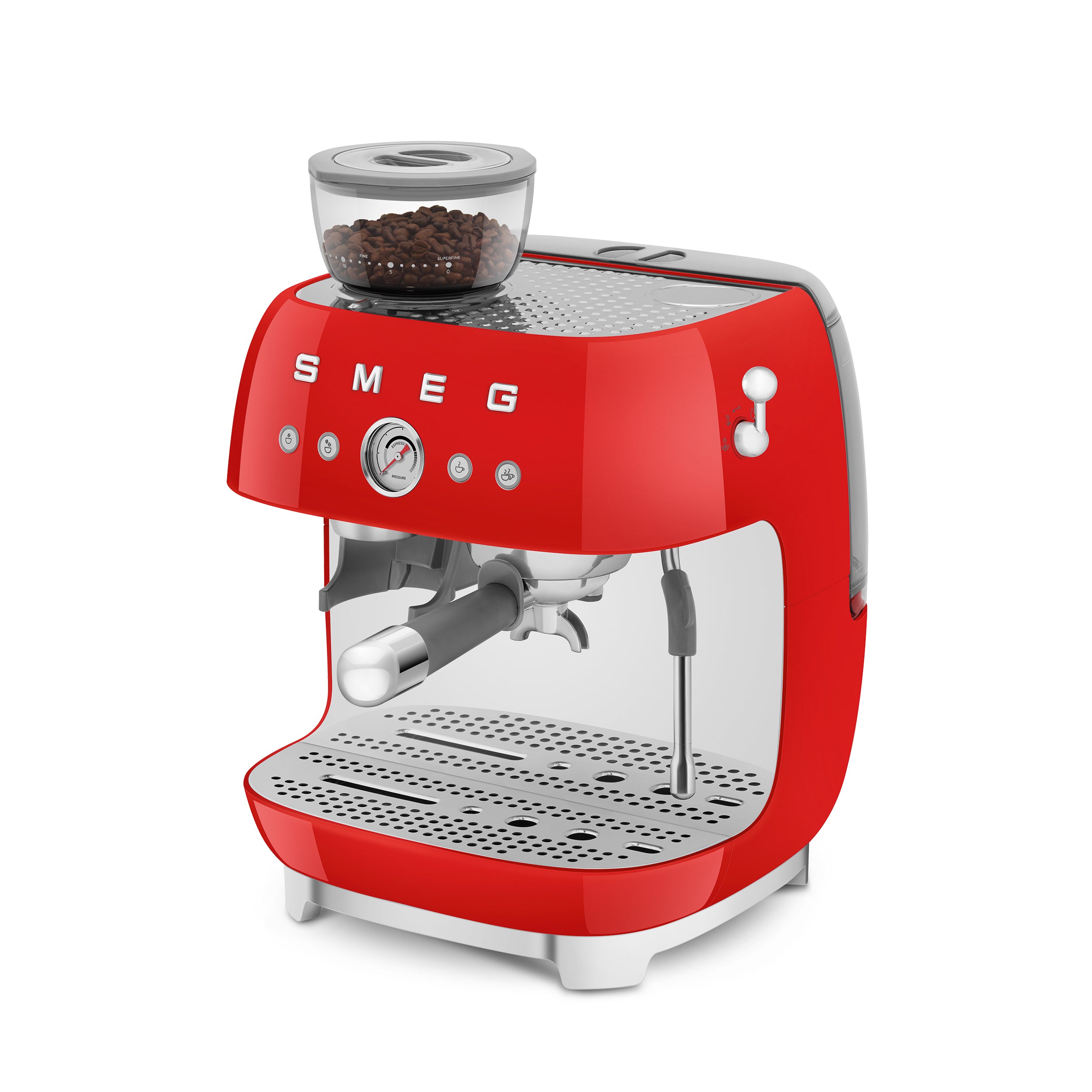Red Smeg All-in-One Espresso Coffee Machine with sleek design and digital controls, perfect for home barista use.