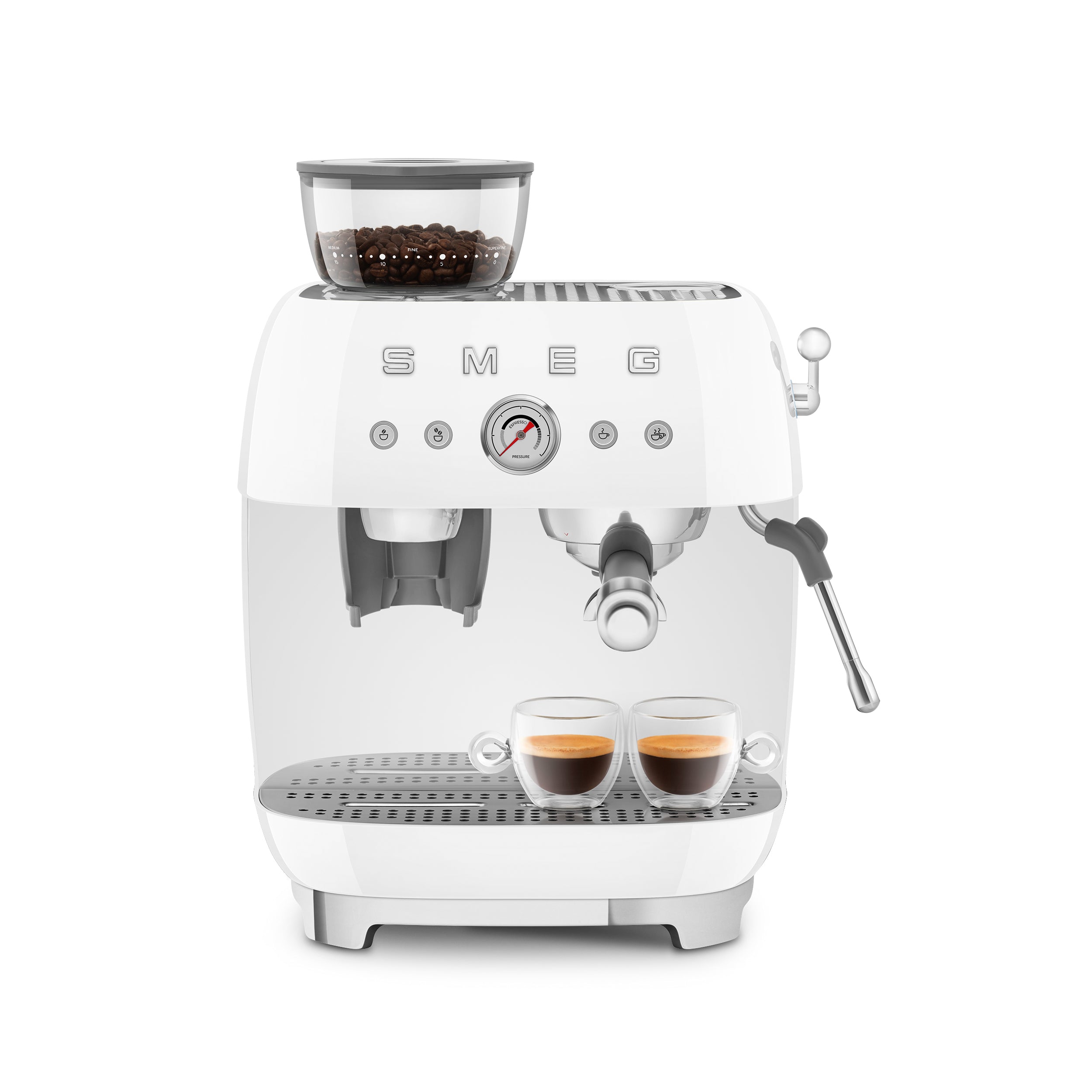 Smeg All-in-One Espresso Coffee Machine in white with digital display and brewing buttons, compact kitchen appliance.