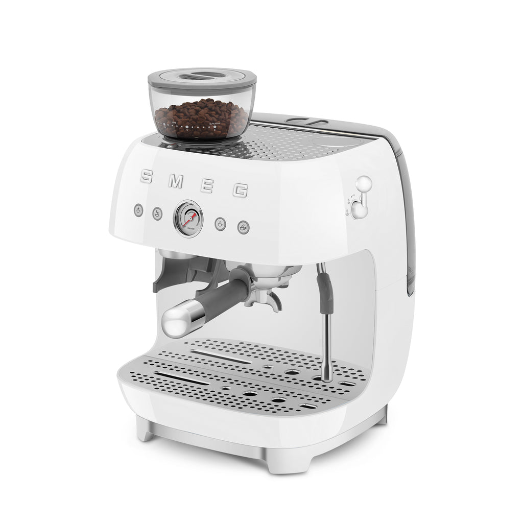 Smeg All-in-One Espresso Coffee Machine in white with stainless steel accents, featuring a digital display and dual spouts.