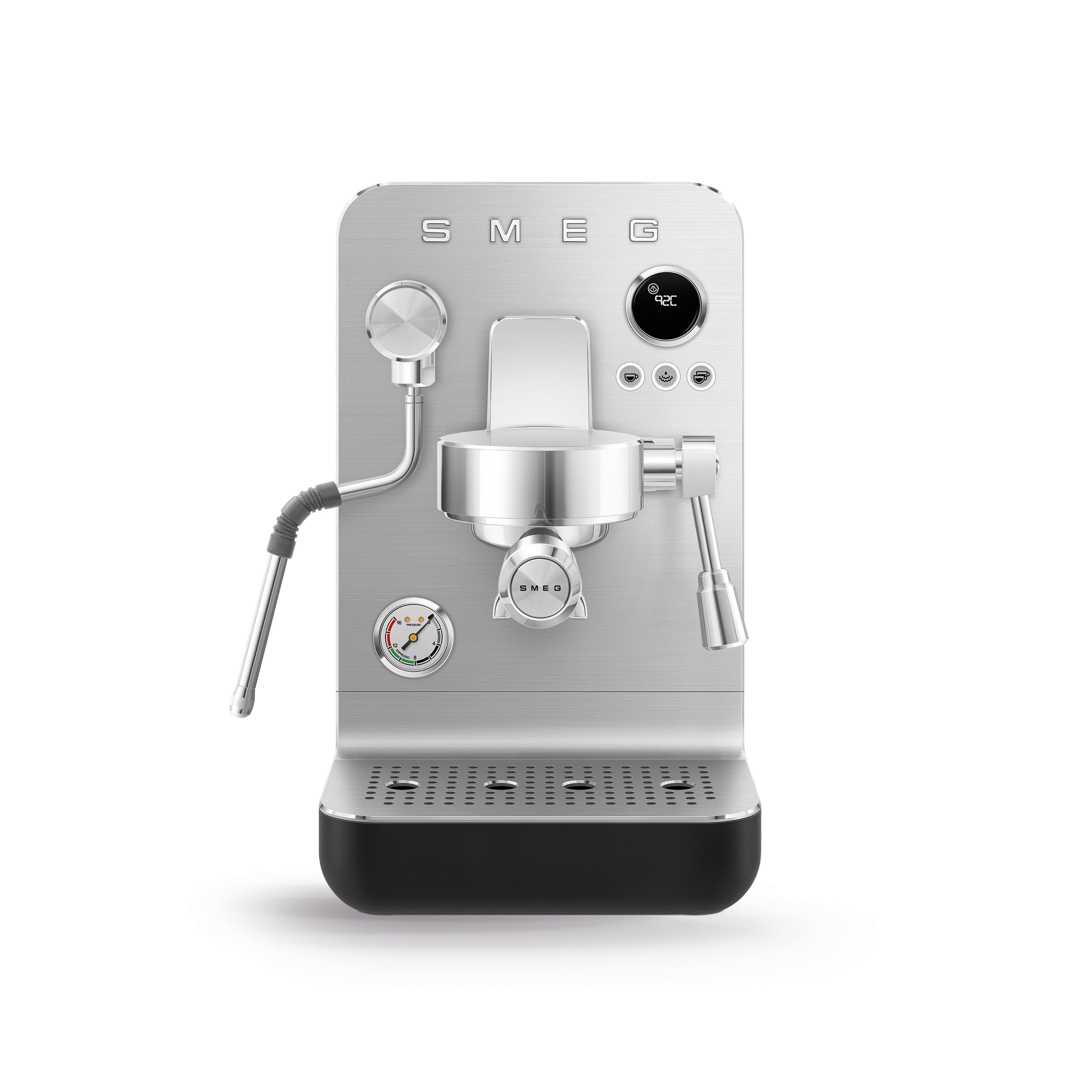 Smeg MiniPro Espresso Coffee Machine in black with stainless steel accents, compact design, and brewing controls.