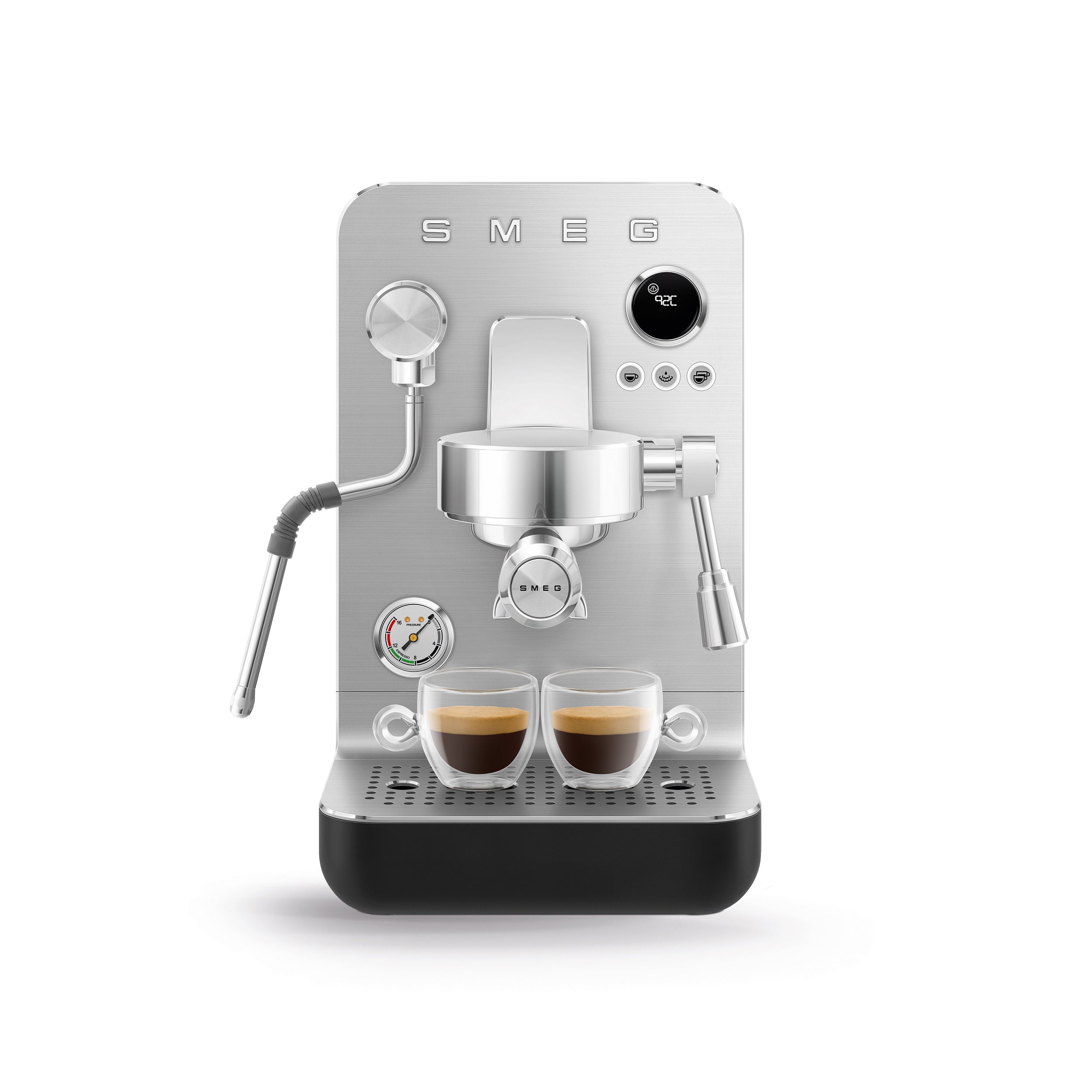 Smeg MiniPro espresso coffee machine in black with stainless steel accents, compact design, and control panel.