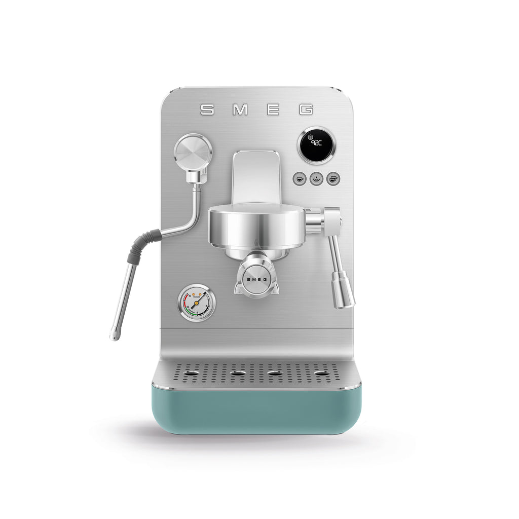 Smeg MiniPro Espresso Coffee Machine in sleek red finish with compact design, featuring a portafilter and control buttons.
