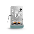 Smeg MiniPro Espresso Coffee Machine in stainless steel with black accents, compact design, and control panel on top.