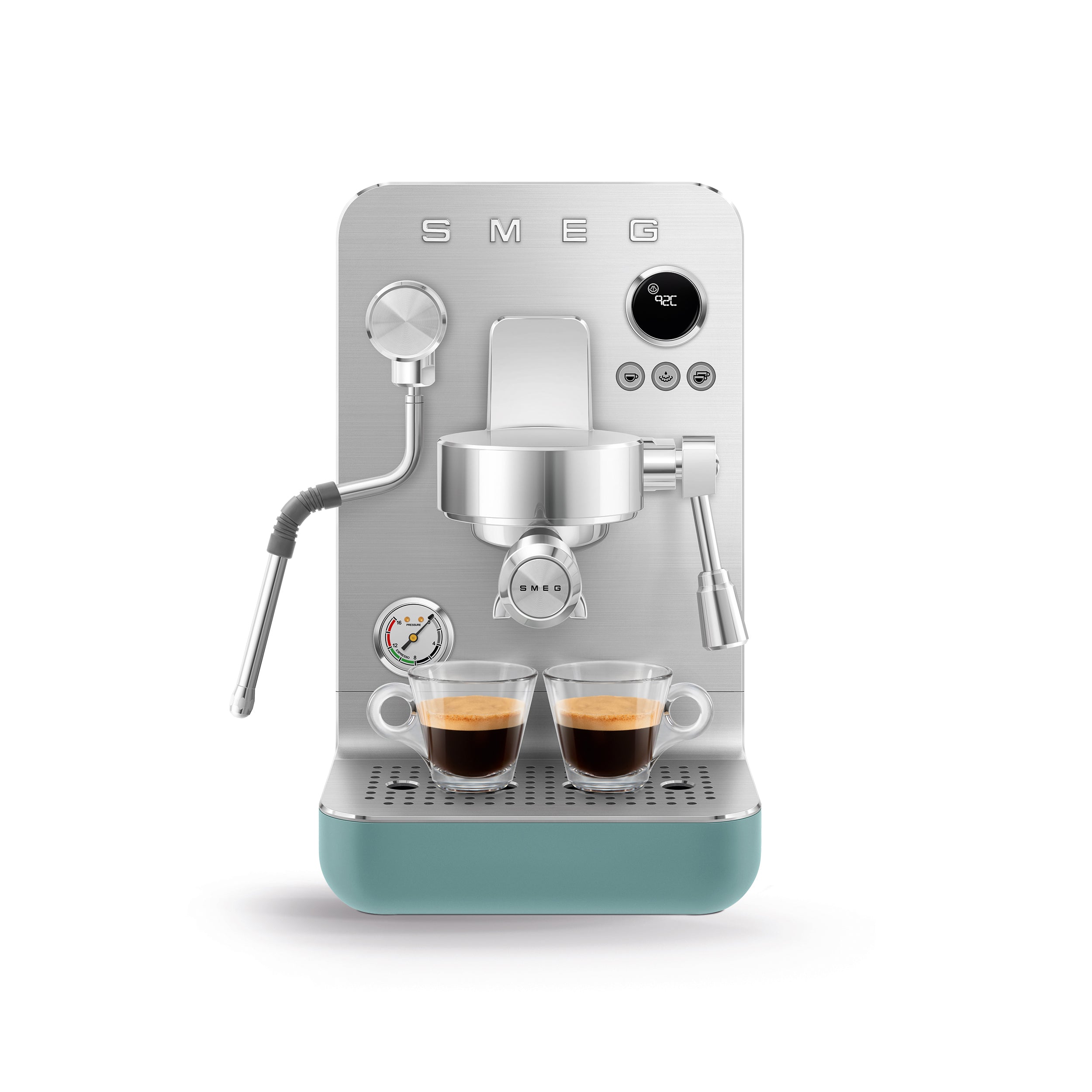Smeg MiniPro Espresso Coffee Machine in stainless steel with black accents, compact design, and control panel on top.
