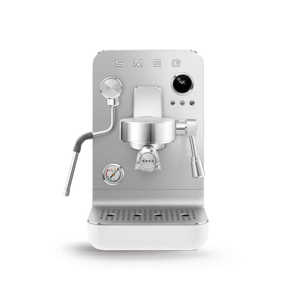 Smeg MiniPro espresso coffee machine in white with black controls and compact design, perfect for small kitchens.