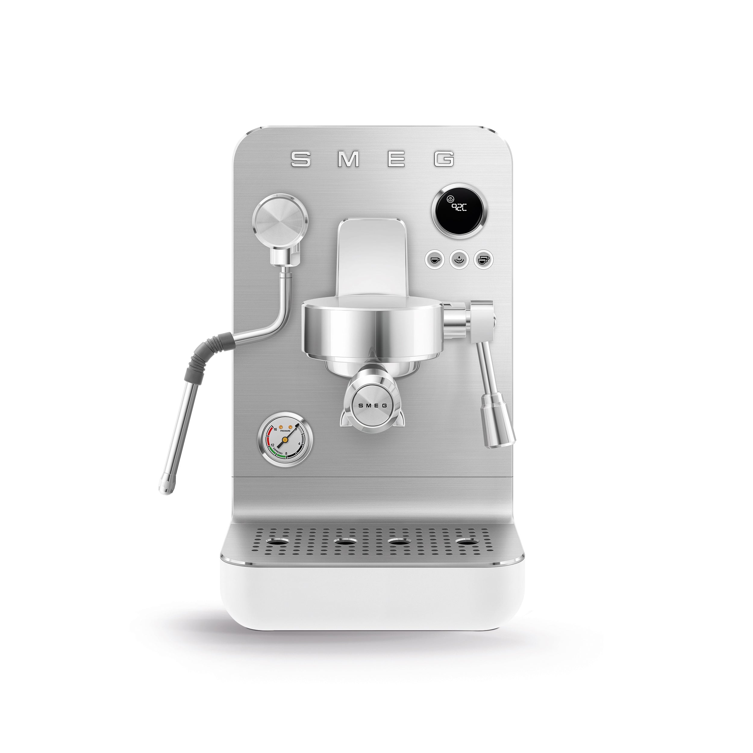 Smeg MiniPro espresso coffee machine in white with black controls and compact design, perfect for small kitchens.