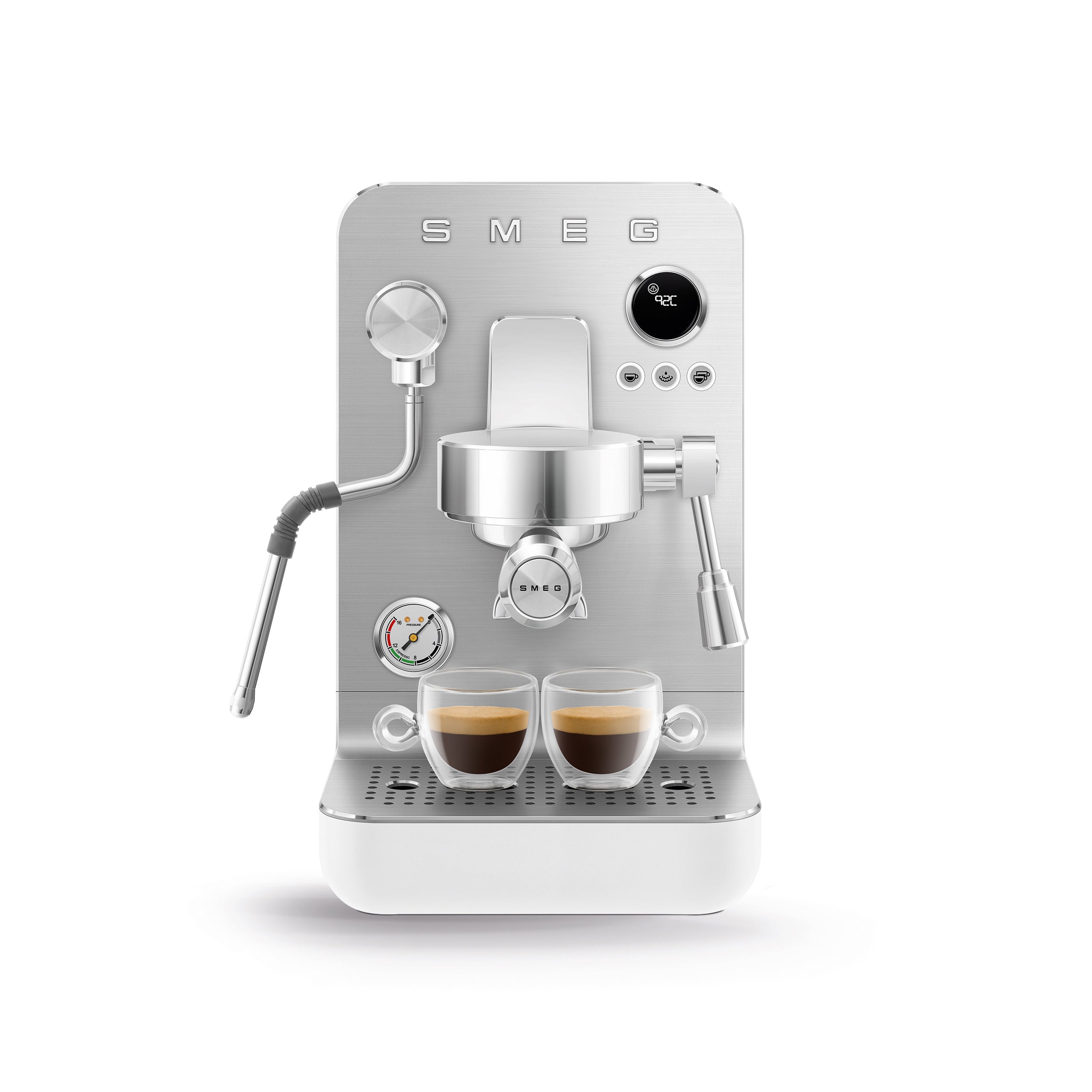 Smeg MiniPro Espresso Coffee Machine in white with portafilter and brewing area, compact design, by The Gas Boys