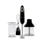 Smeg Retro Hand Blender in blue with stainless steel blending shaft and control buttons, compact kitchen appliance.