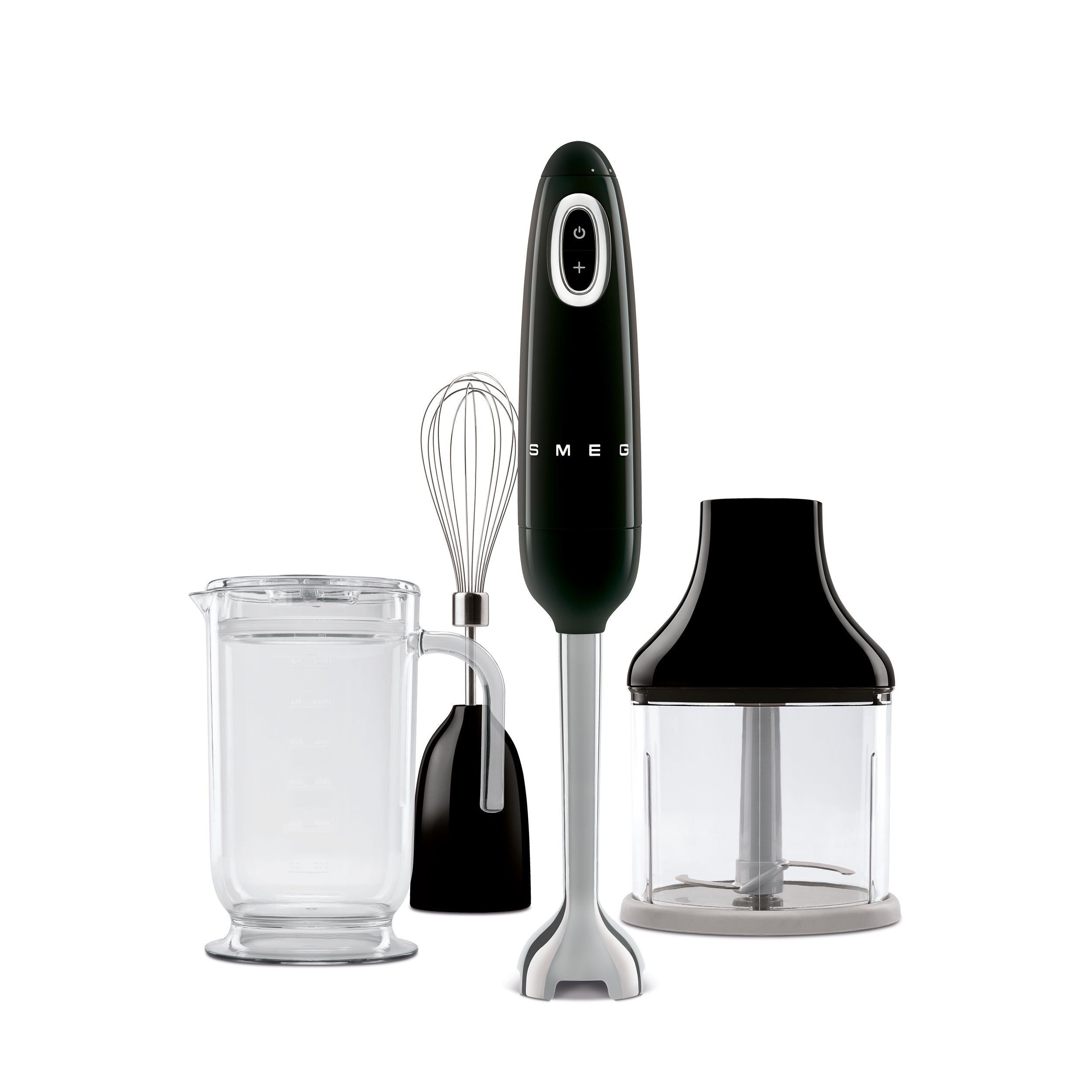 Smeg Retro Hand Blender in blue with stainless steel blending shaft and control buttons, compact kitchen appliance.