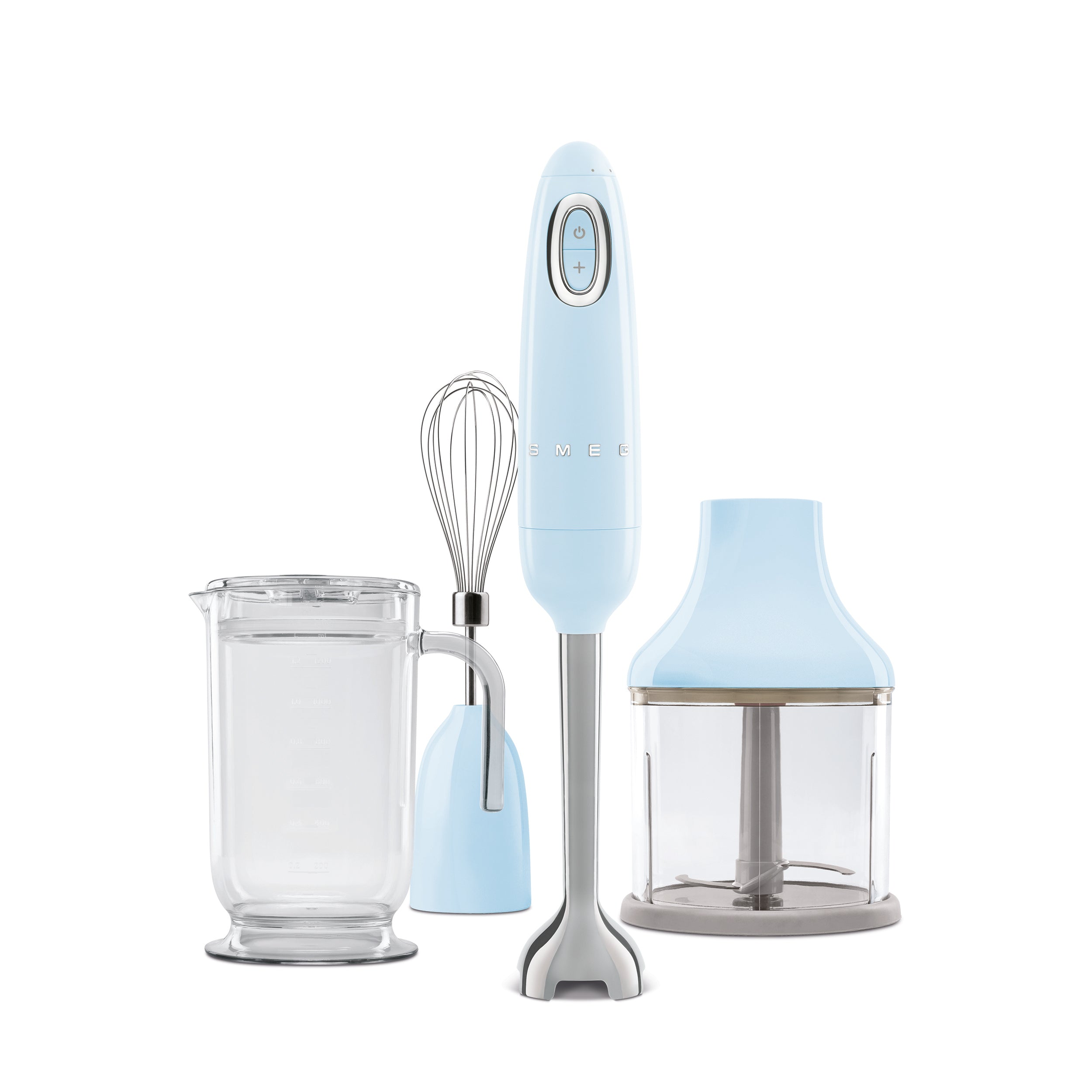 Smeg Retro Hand Blender in pink with stainless steel blending shaft and control buttons, compact kitchen appliance by The Gas Boys.