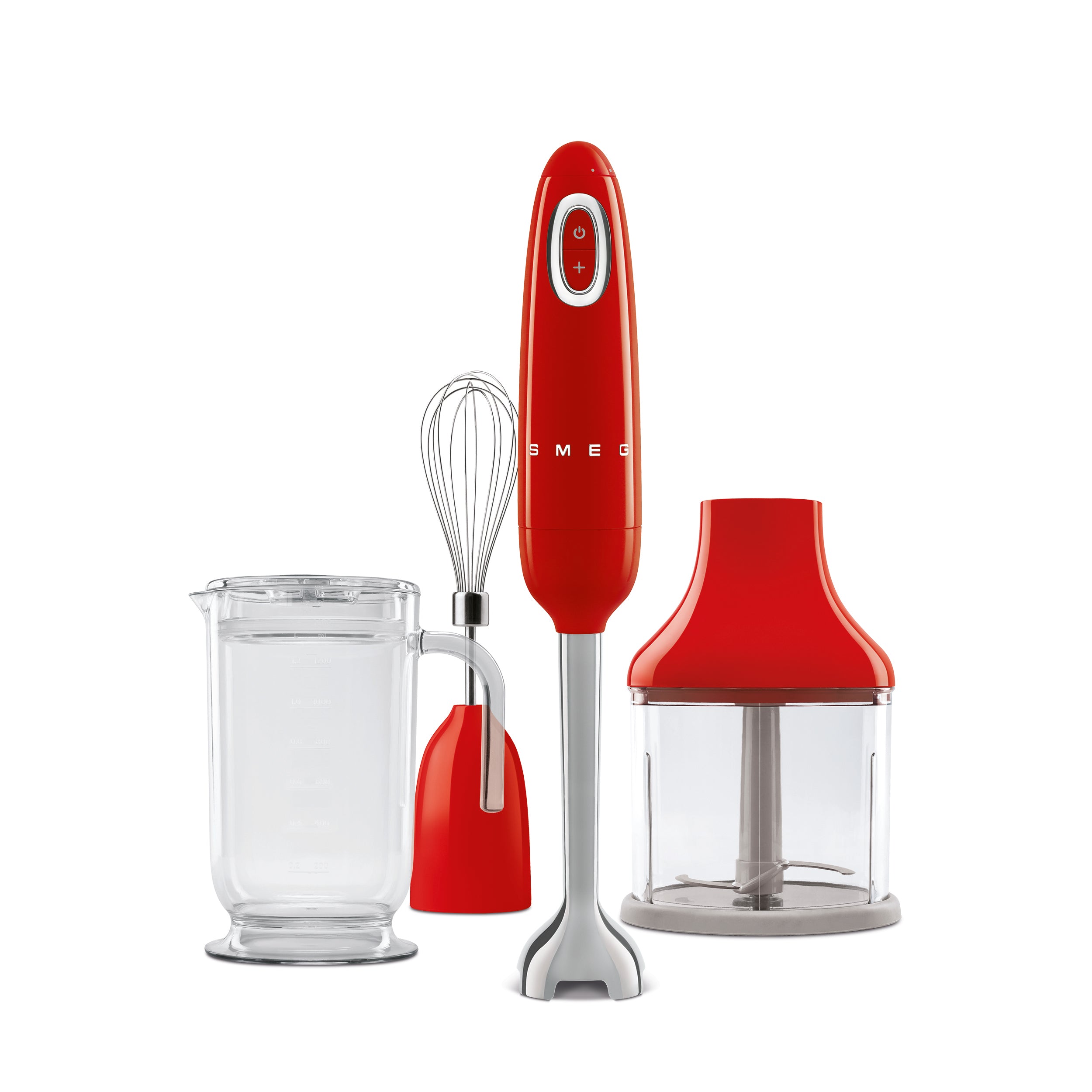 Red Smeg Retro Hand Blender with stainless steel blending shaft and ergonomic handle, perfect for smooth blending tasks.