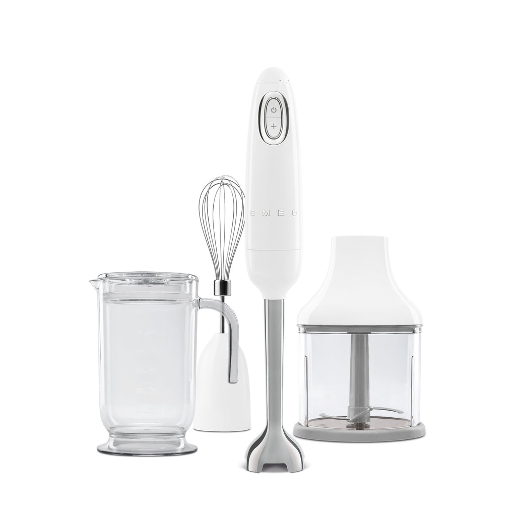 Smeg Retro Hand Blender in white with ergonomic handle and blending blade, compact kitchen appliance from The Gas Boys.