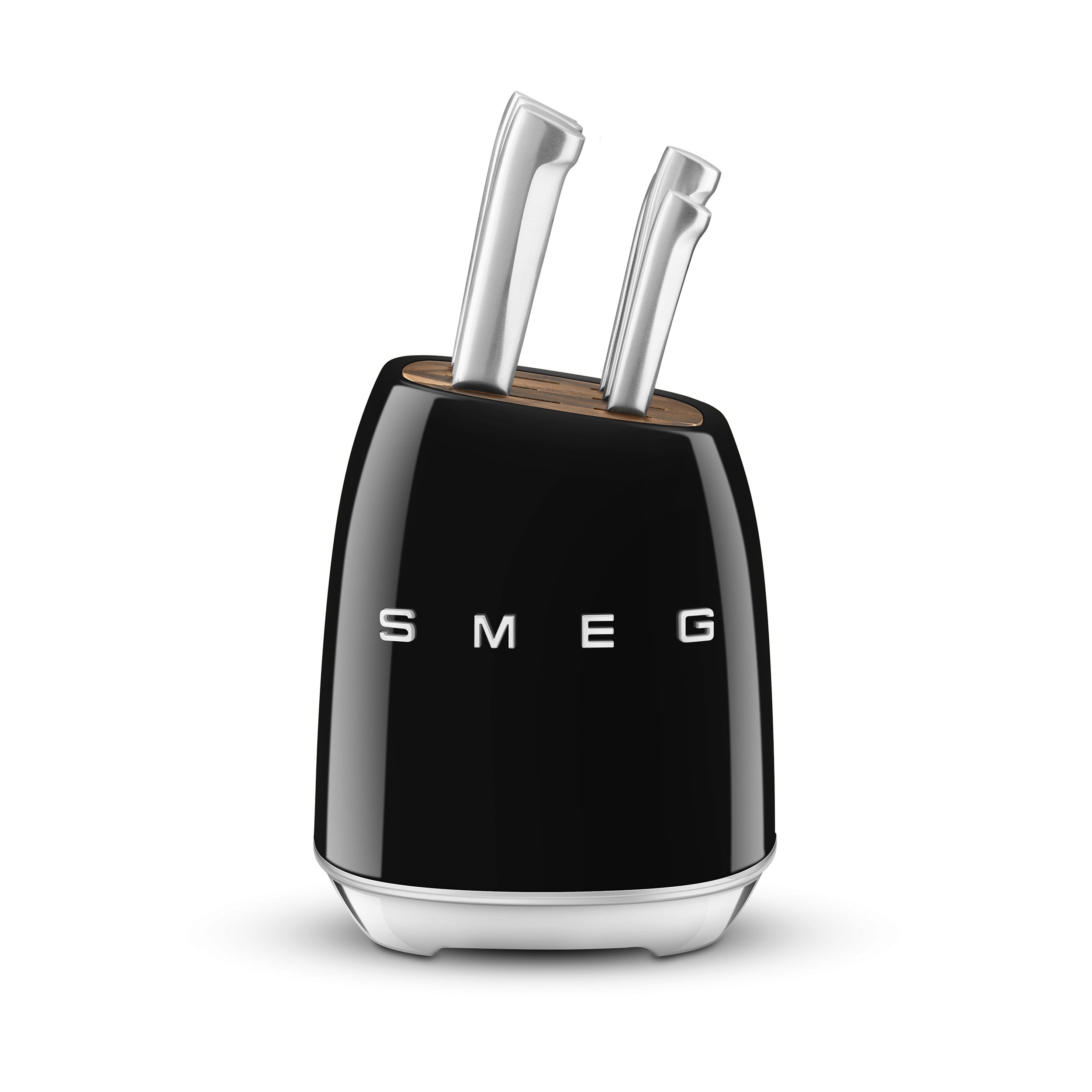 Smeg Knife Block Set by The Gas Boys featuring black wooden block with stainless steel knives displayed upright