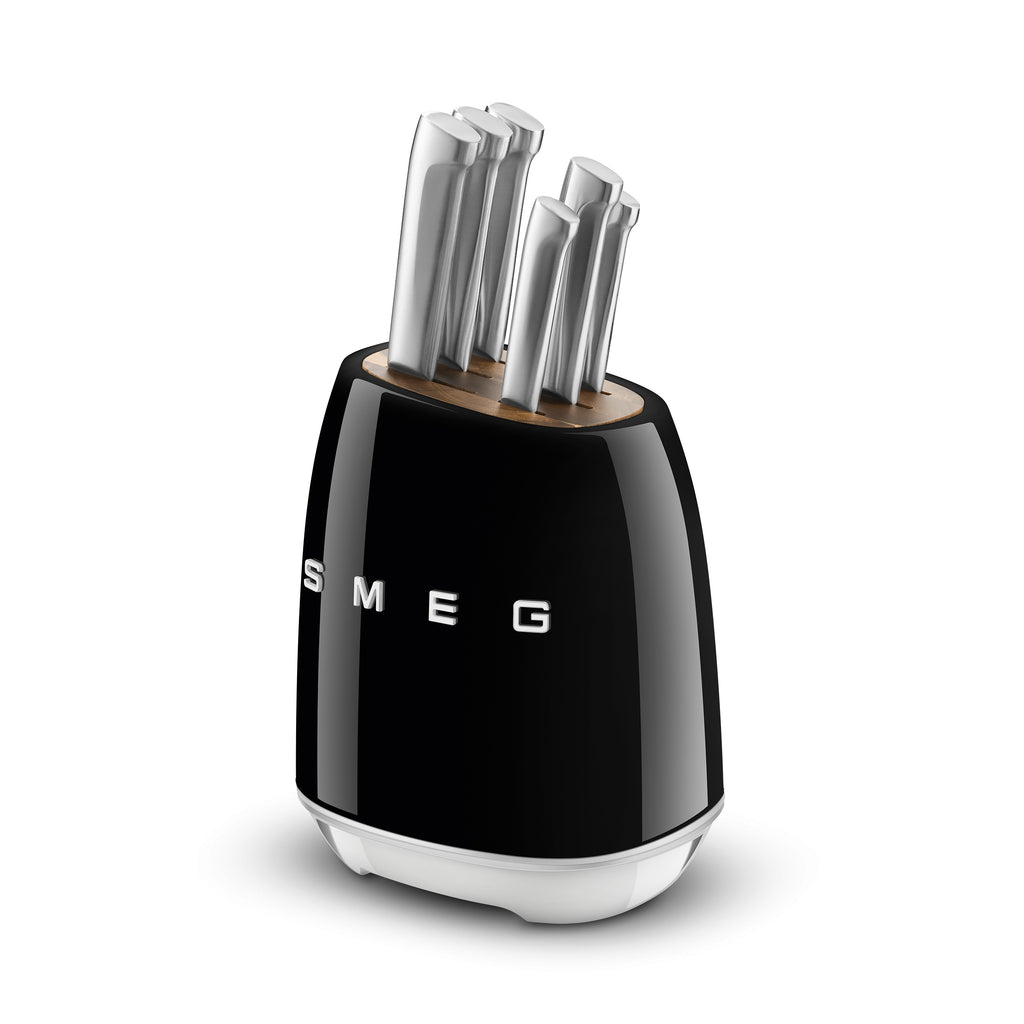 Black Smeg Knife Block Set with premium knives displayed in a modern knife holder, designed for professional and home kitchens.
