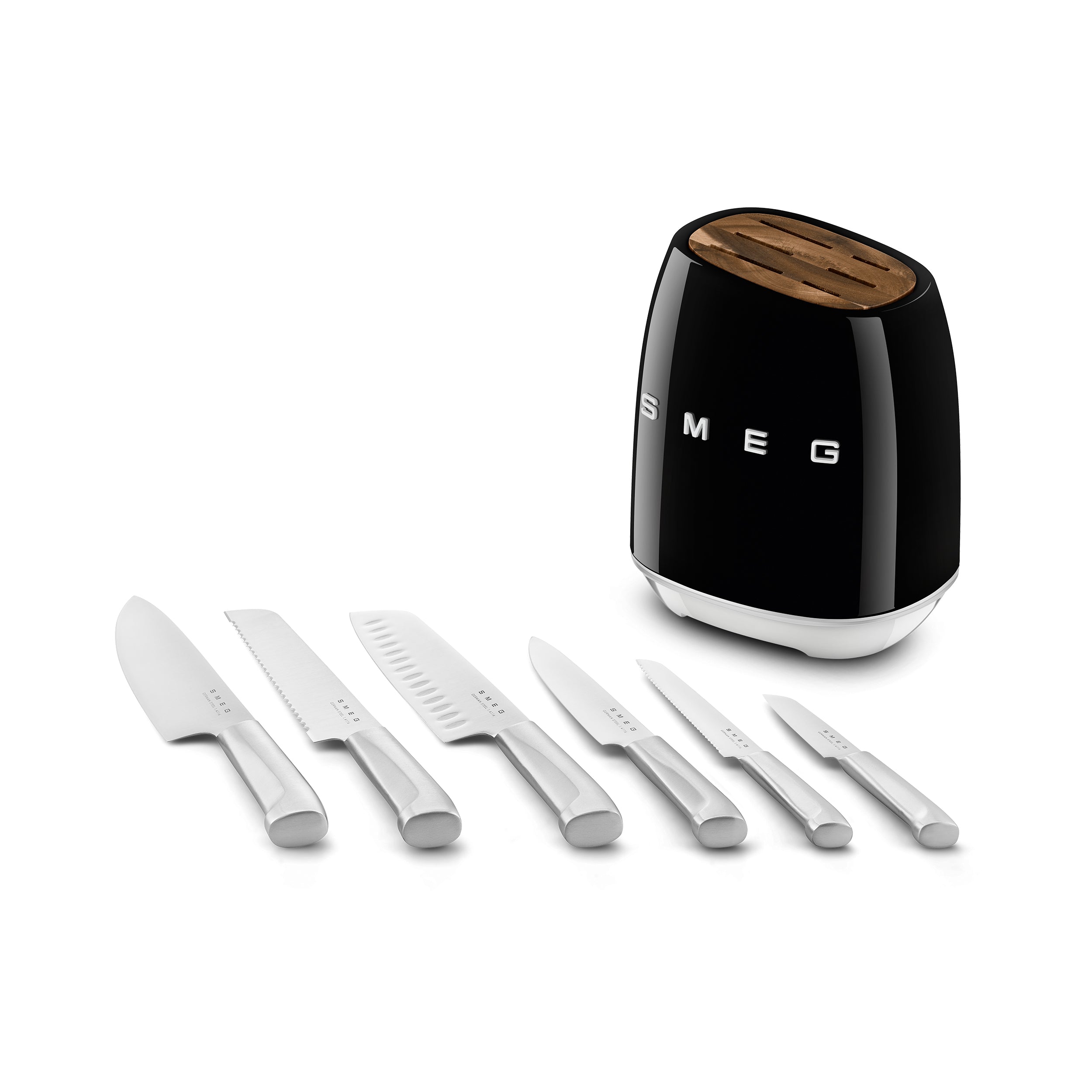 Black Smeg Knife Block Set with stainless steel knives in a sleek black block, designed for modern kitchens.