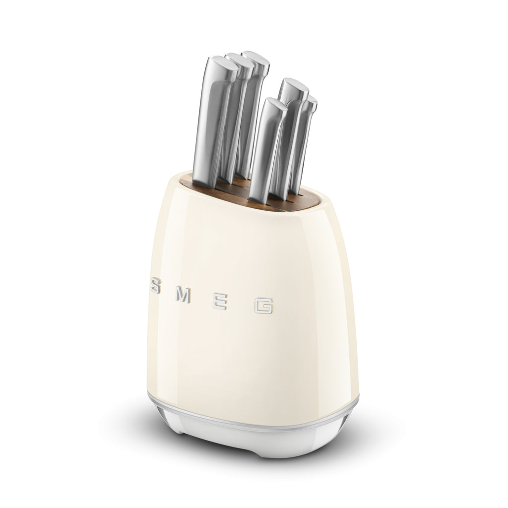 Smeg Knife Block Set by The Gas Boys with stainless steel knives and black wooden block for kitchen countertop storage