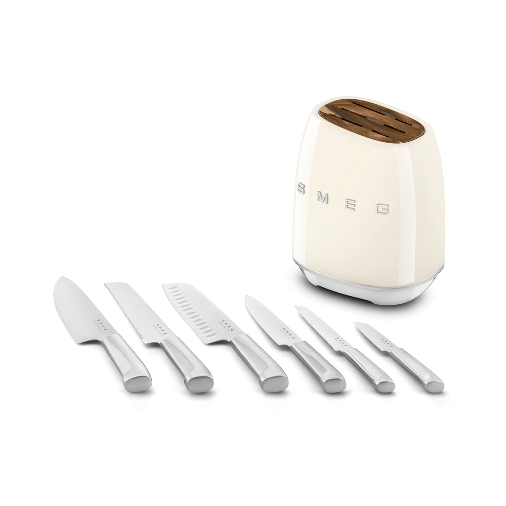 Smeg Knife Block Set with black wood block and stainless steel knives, designed for modern kitchen use.