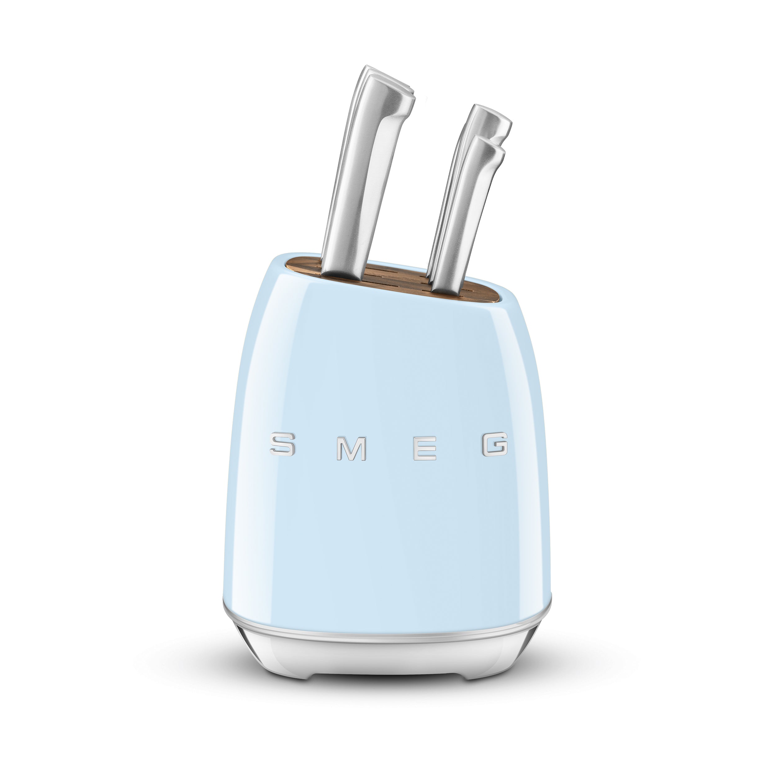 Smeg Knife Block Set by The Gas Boys with black and stainless steel knives in a sleek wooden block.