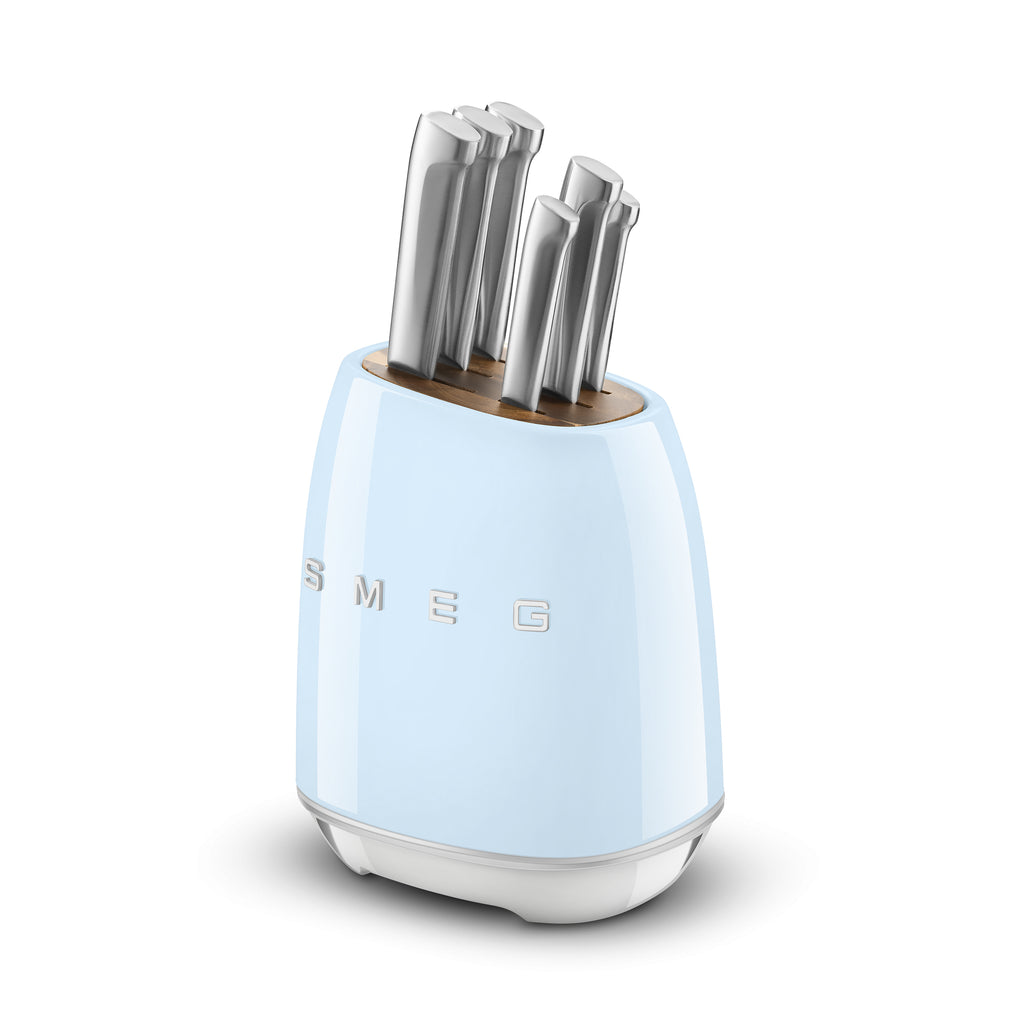 Smeg Knife Block Set with black and stainless steel knives in a sleek wooden block, designed by The Gas Boys.