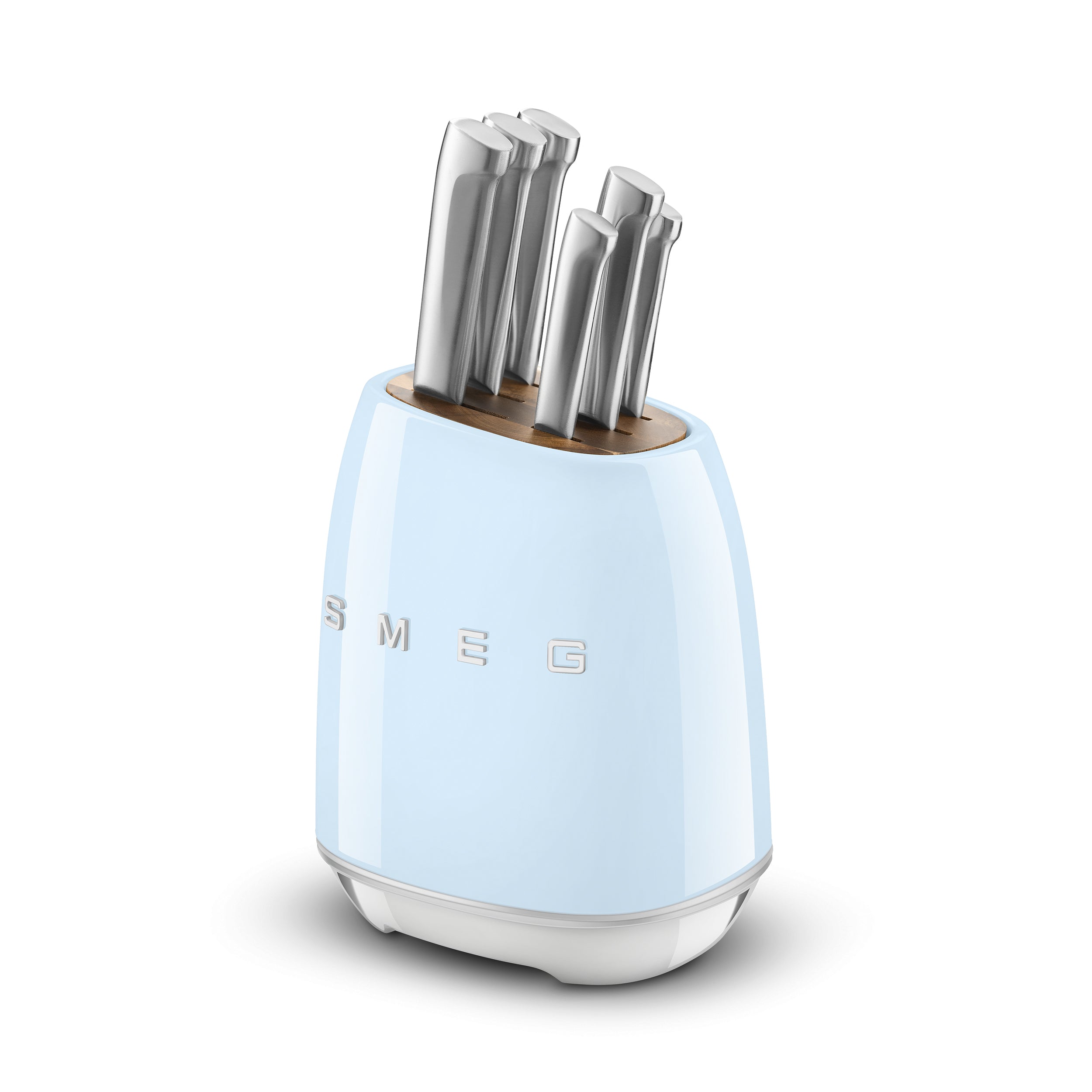 Smeg Knife Block Set with black and stainless steel knives in a sleek wooden block, designed by The Gas Boys.