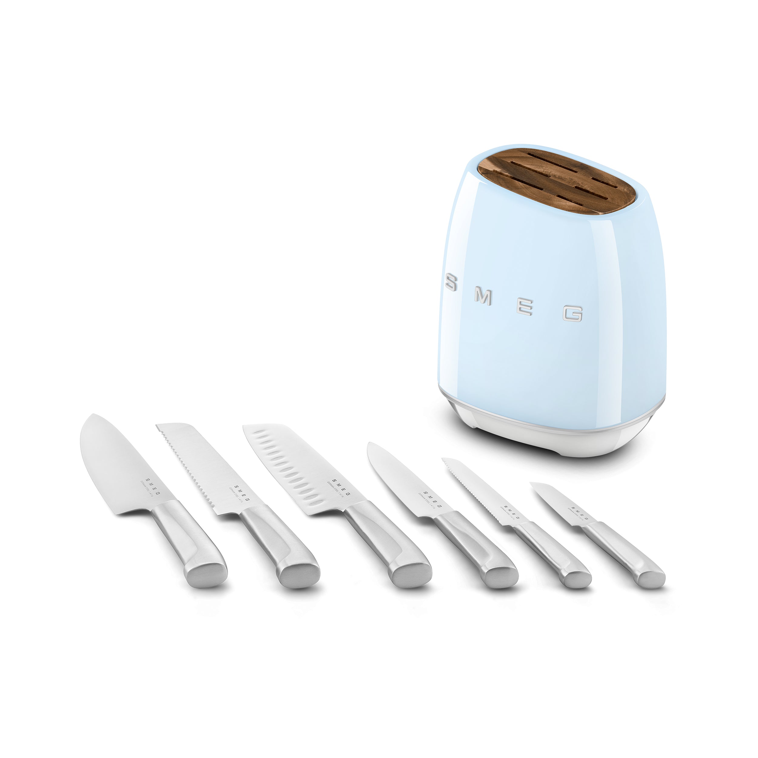 Smeg Knife Block Set by The Gas Boys with sleek black knife block and stainless steel knives on a kitchen countertop.