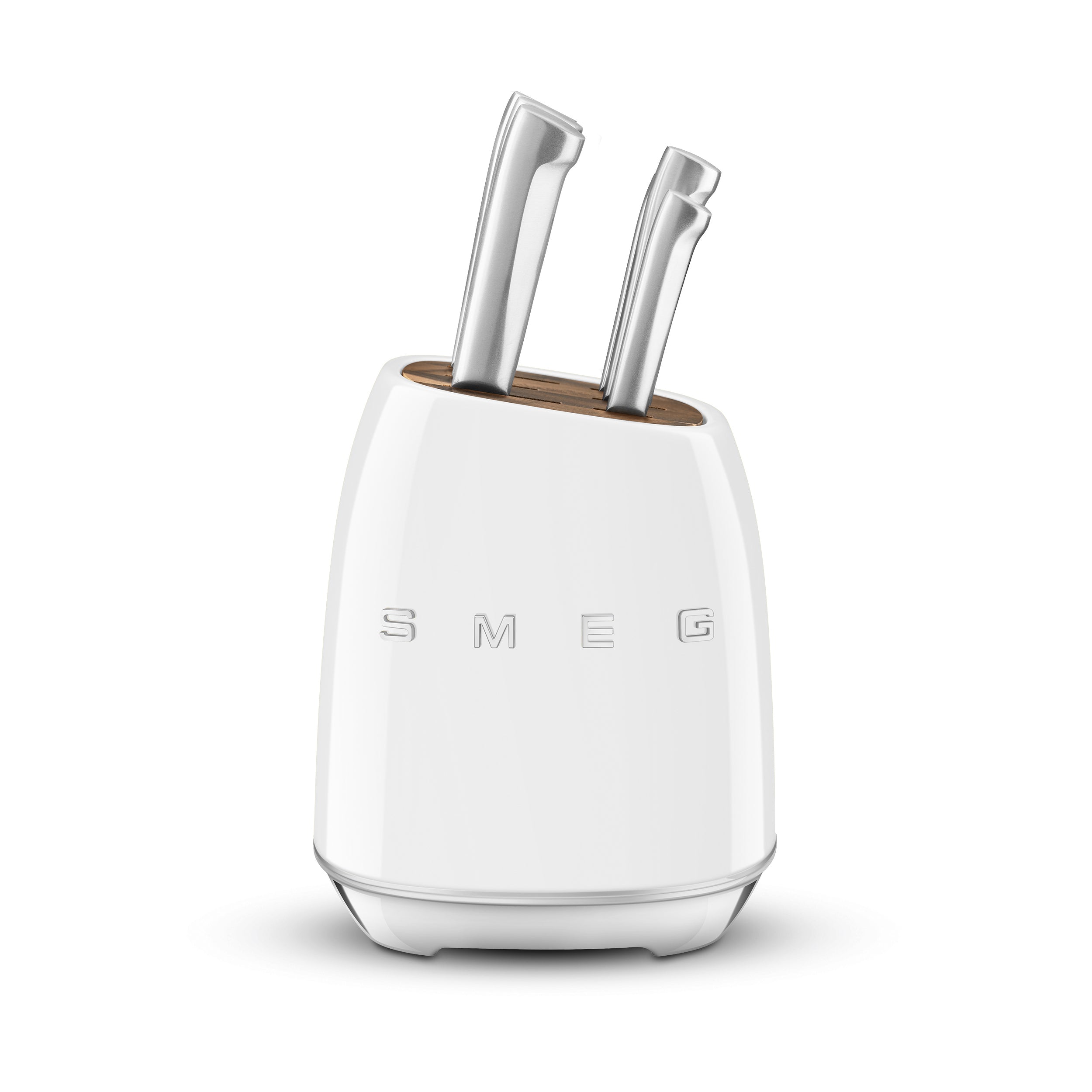 Smeg Knife Block Set by The Gas Boys with sleek white wooden block and stainless steel knives.